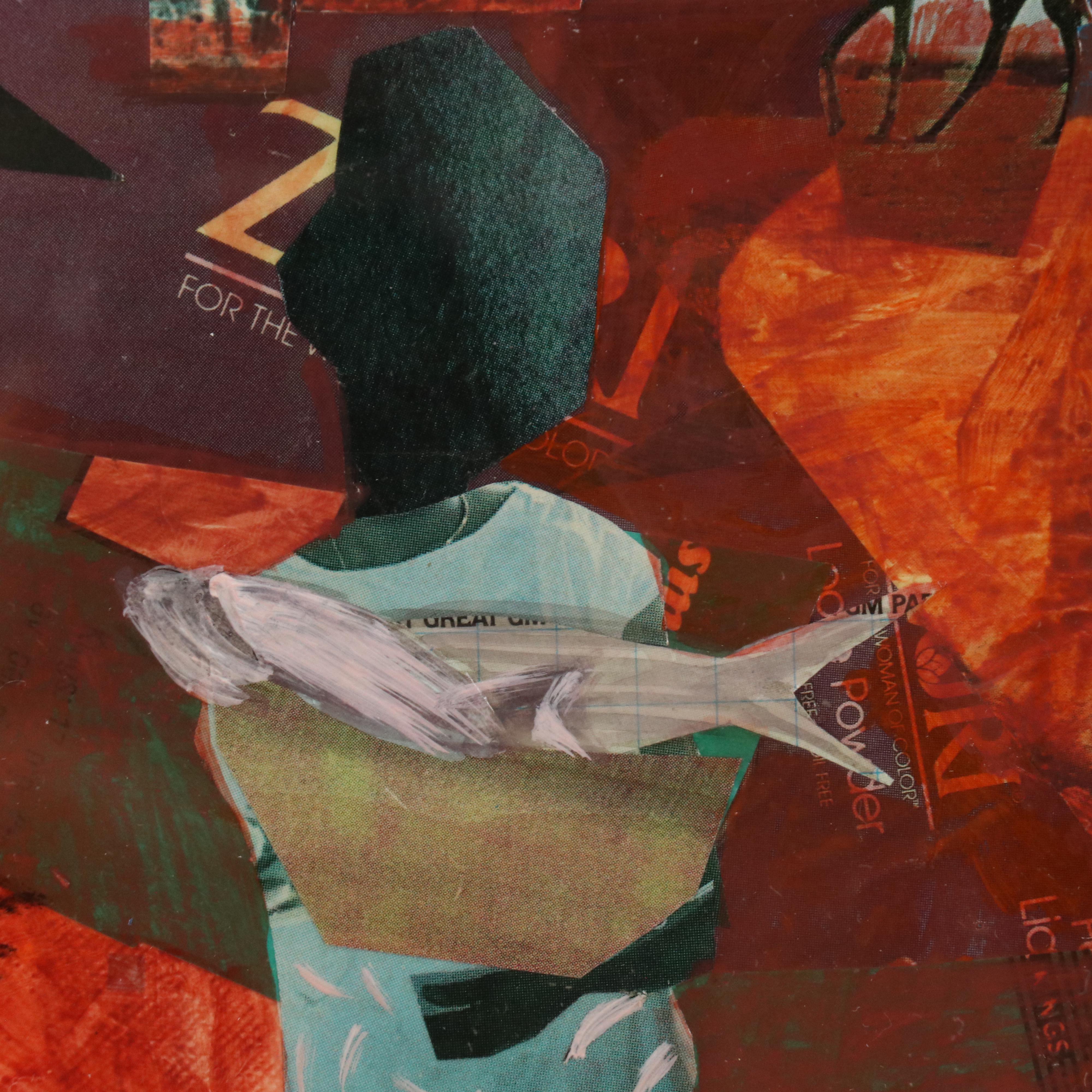 Lionel Lofton Mixed Media Collage of Women in Village Scene, 1990