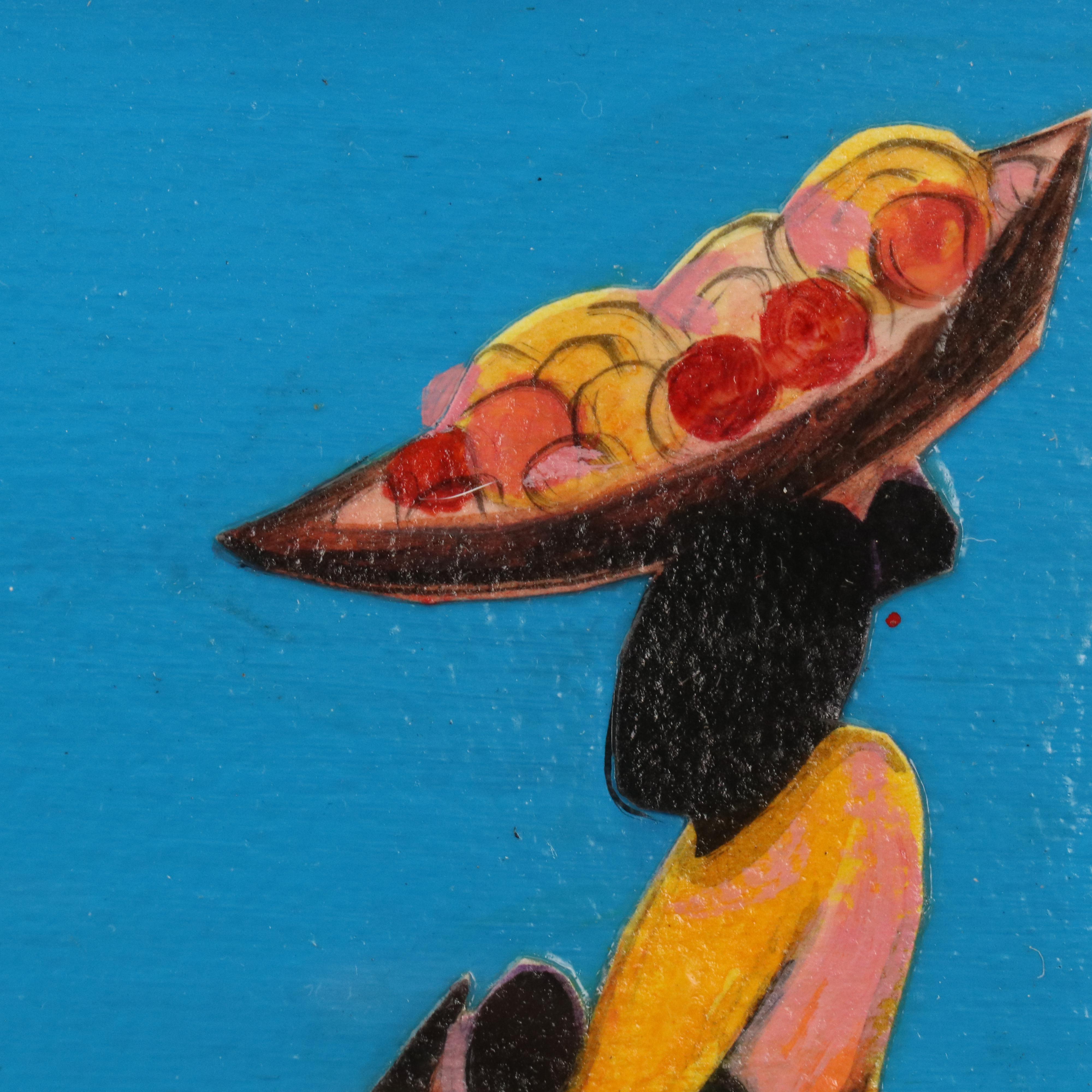 Lionel Lofton Mixed Media Collage of Women in Village Scene, 1990