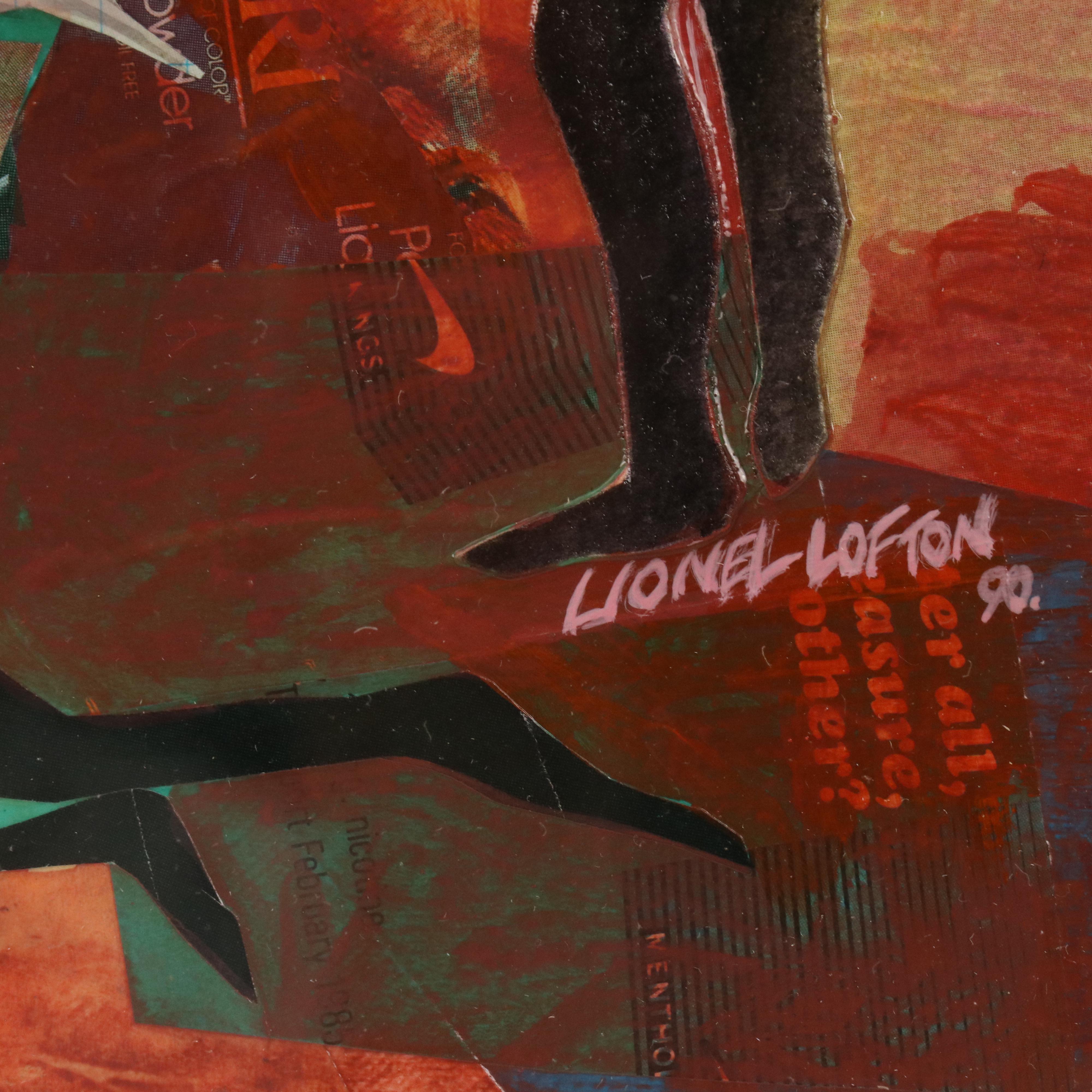 Lionel Lofton Mixed Media Collage of Women in Village Scene, 1990