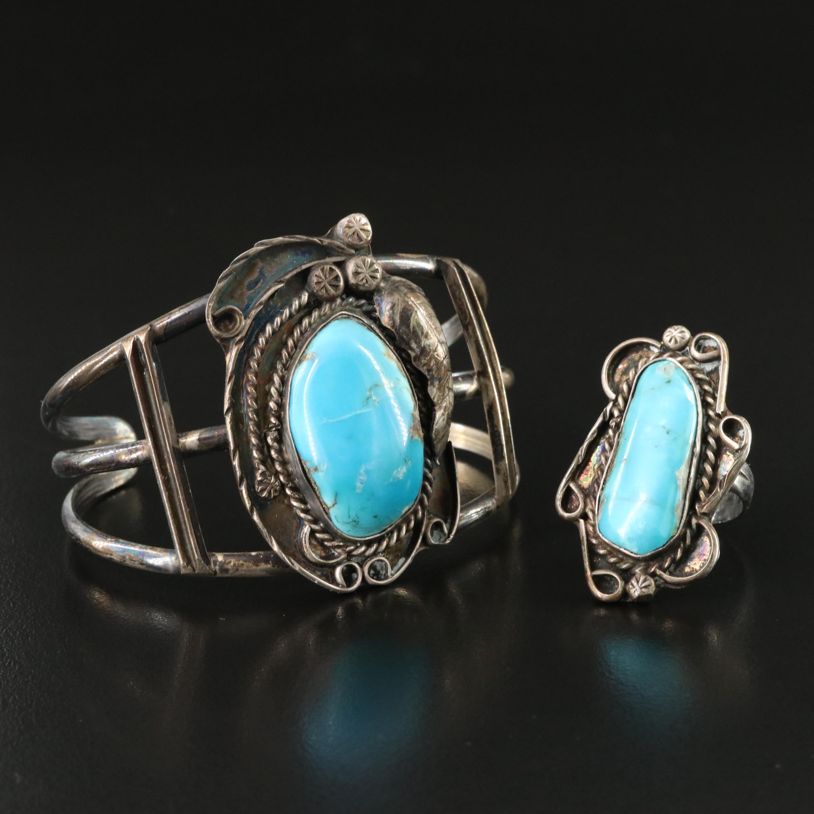 Southwestern Sterling Turquoise Ring and Signed Bracelet