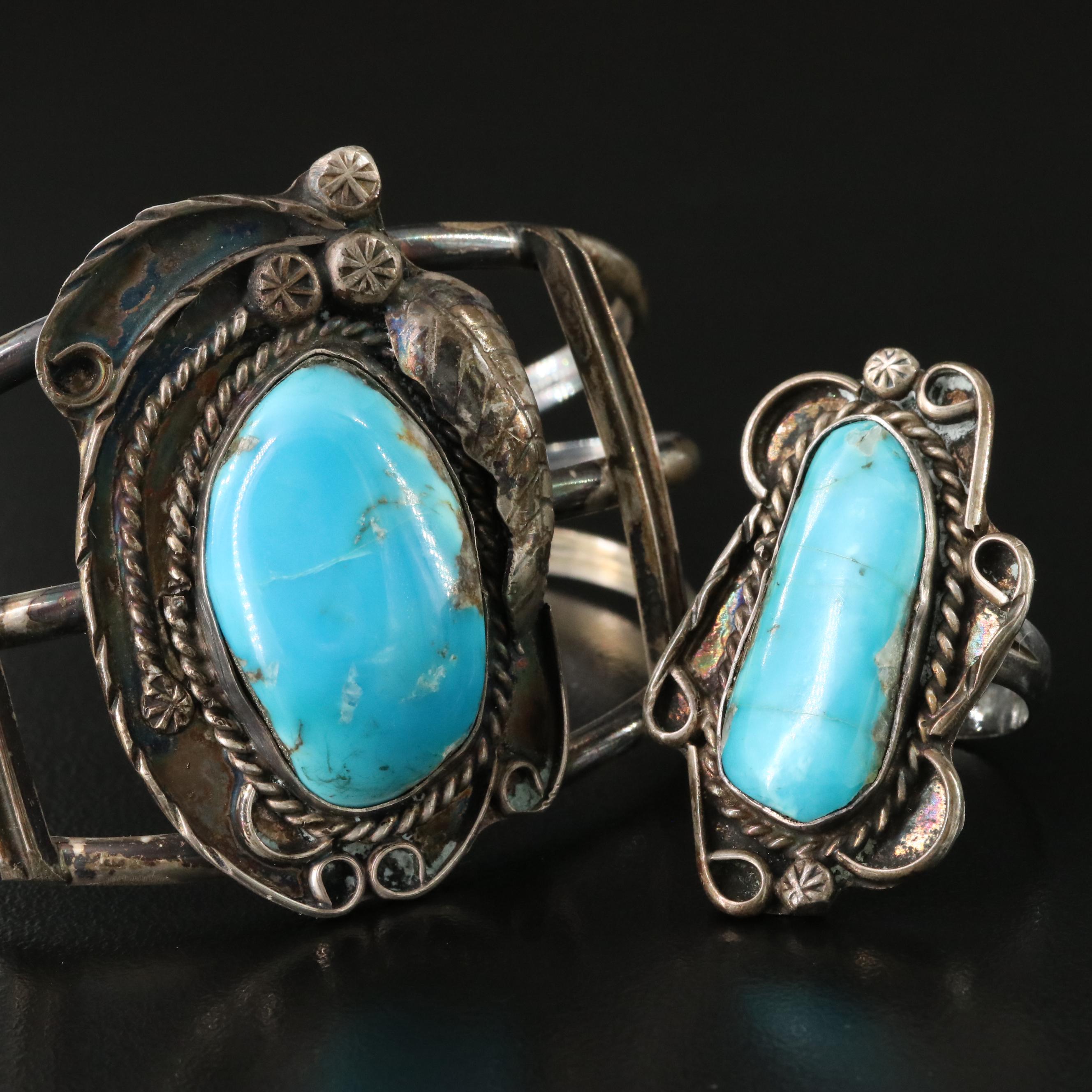 Southwestern Sterling Turquoise Ring and Signed Bracelet