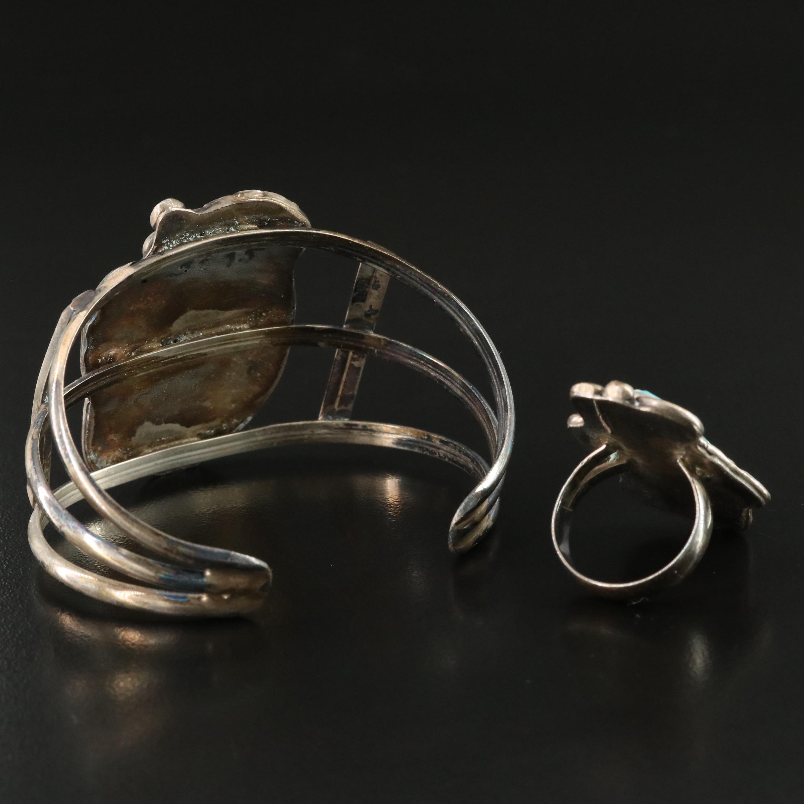 Southwestern Sterling Turquoise Ring and Signed Bracelet