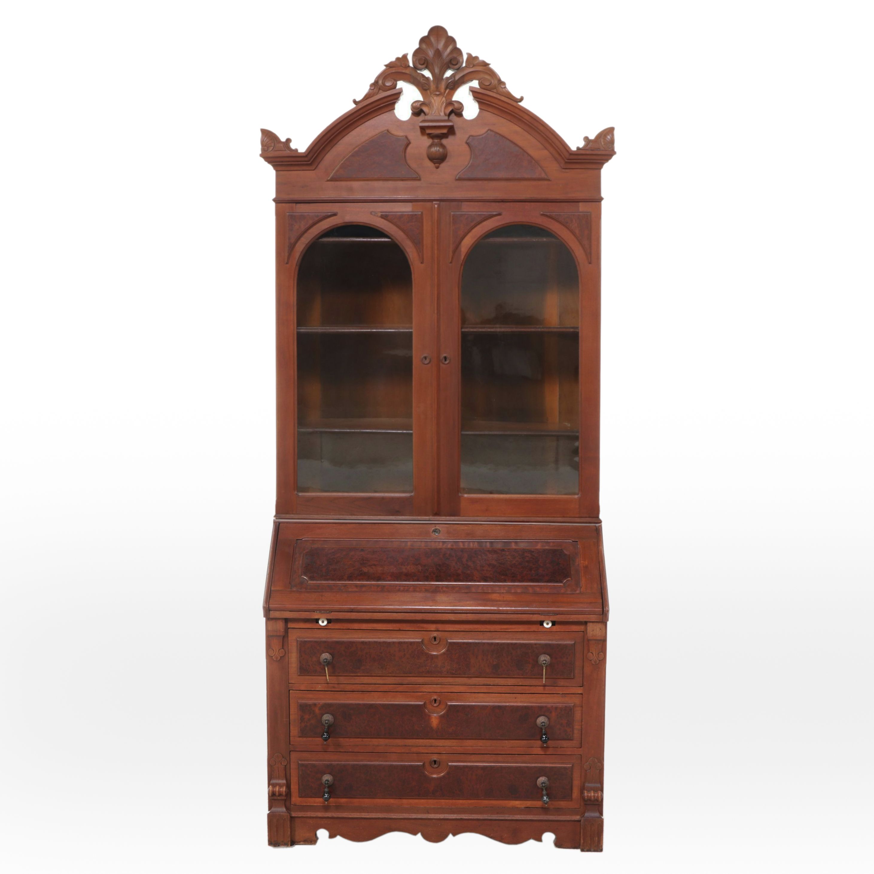 Victorian Style Walnut and Burl Wood Secretary Desk