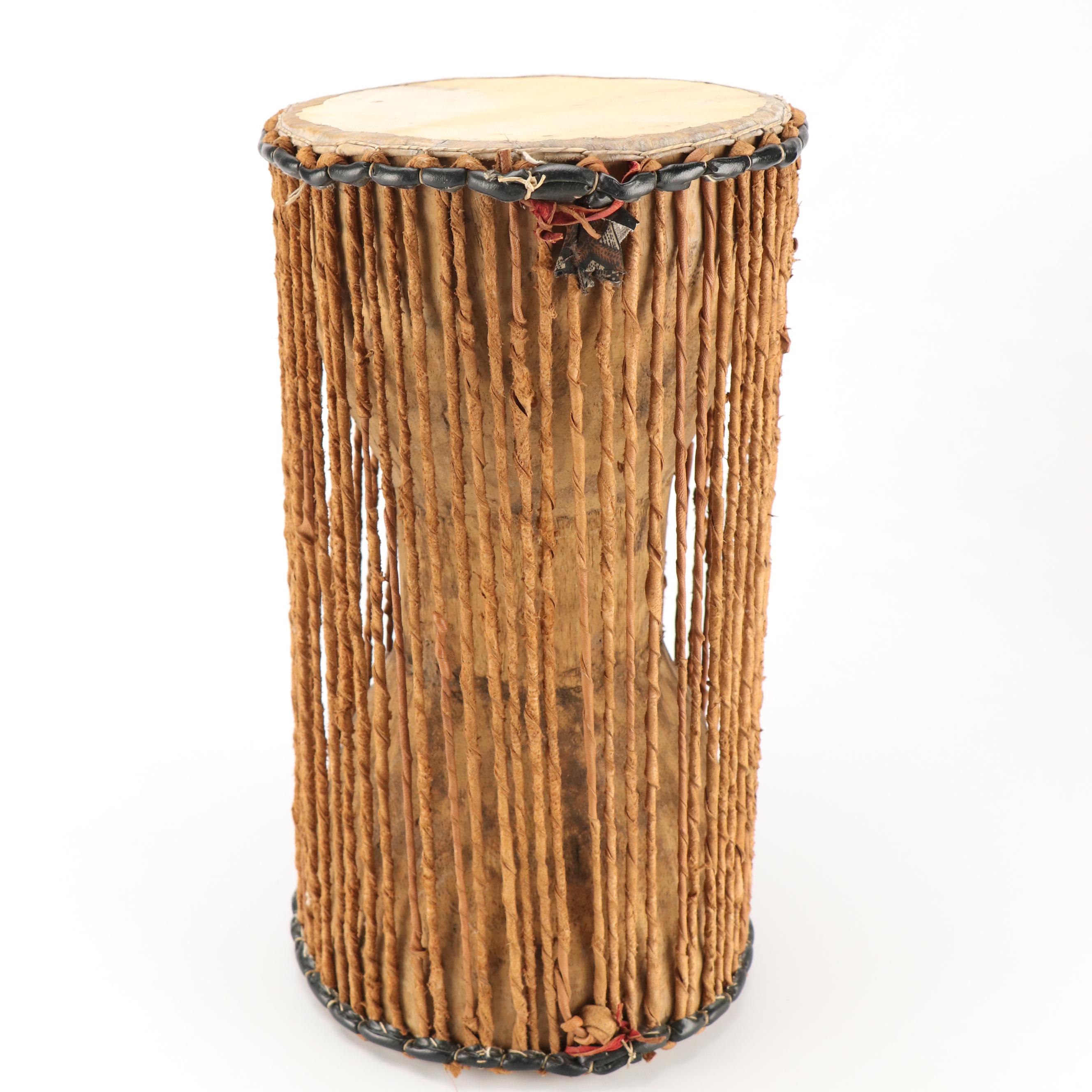 West African Griot Talking Drum with Goat Hide and Carved Wood