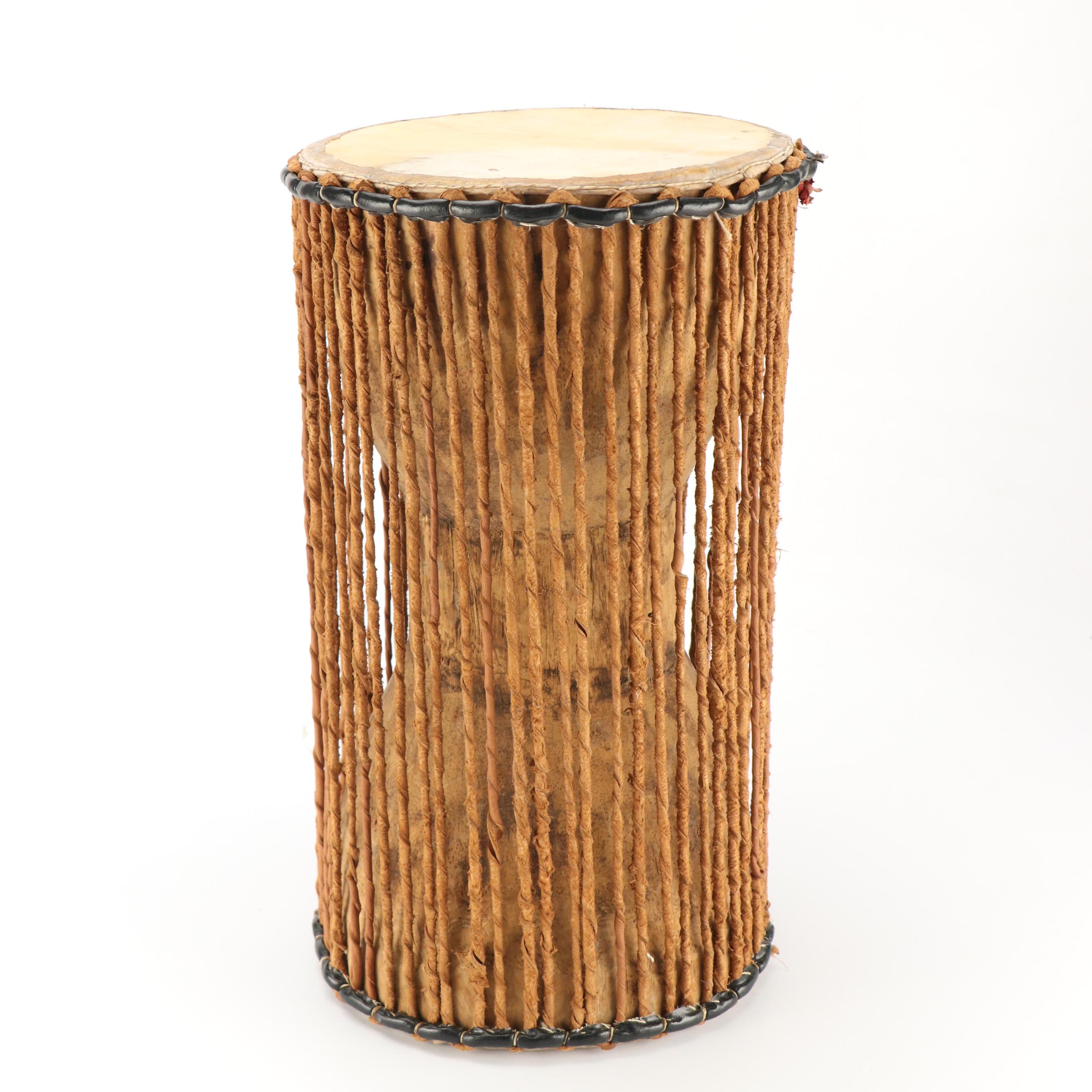 West African Griot Talking Drum with Goat Hide and Carved Wood