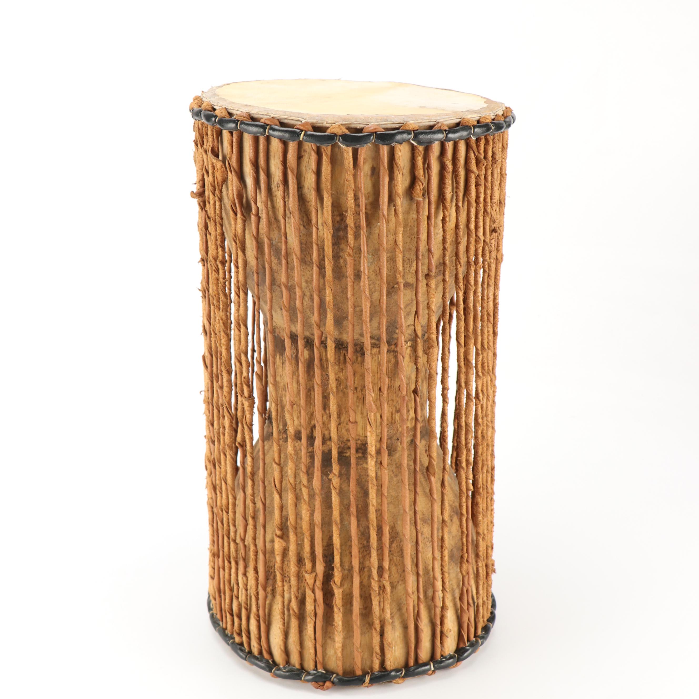 West African Griot Talking Drum with Goat Hide and Carved Wood