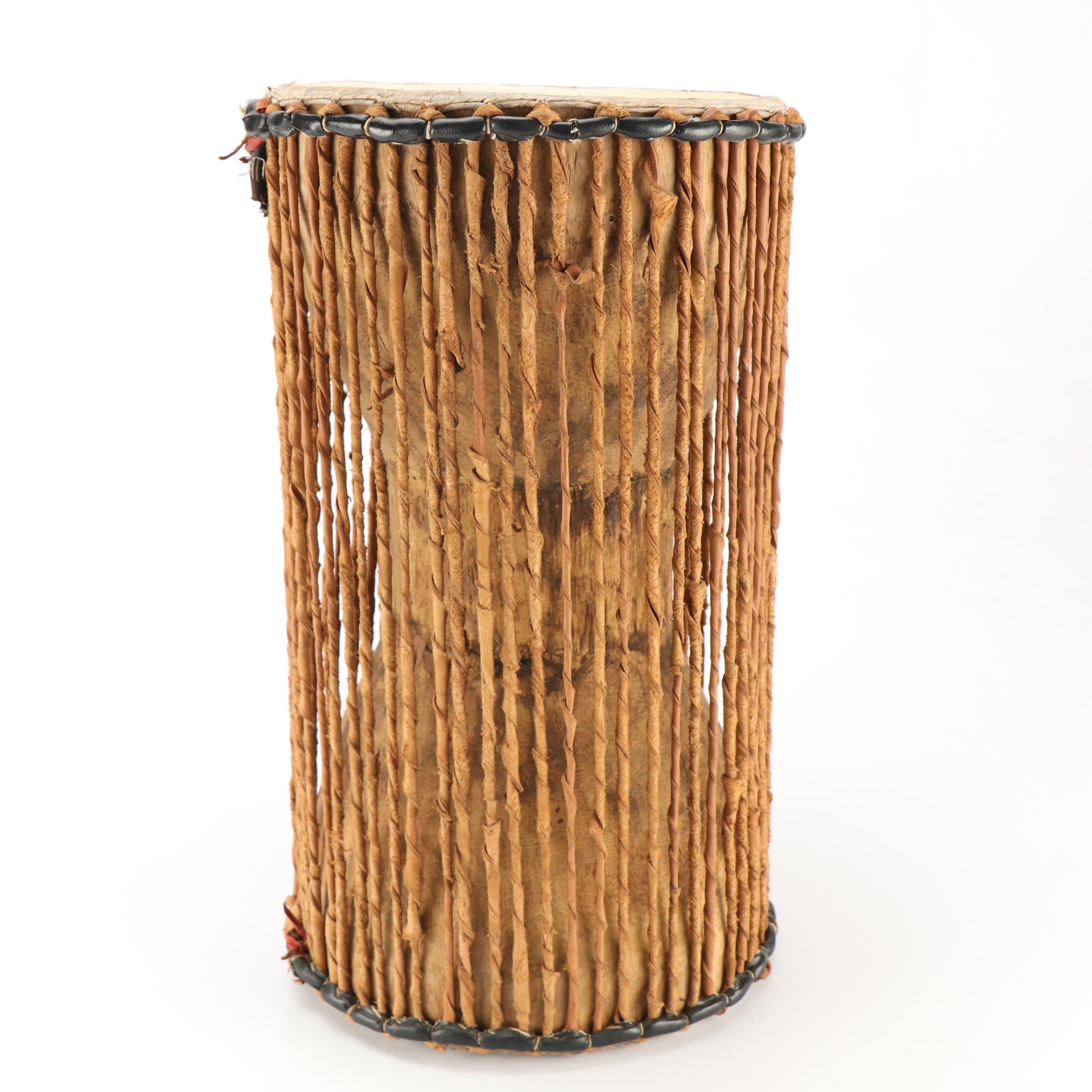 West African Griot Talking Drum with Goat Hide and Carved Wood