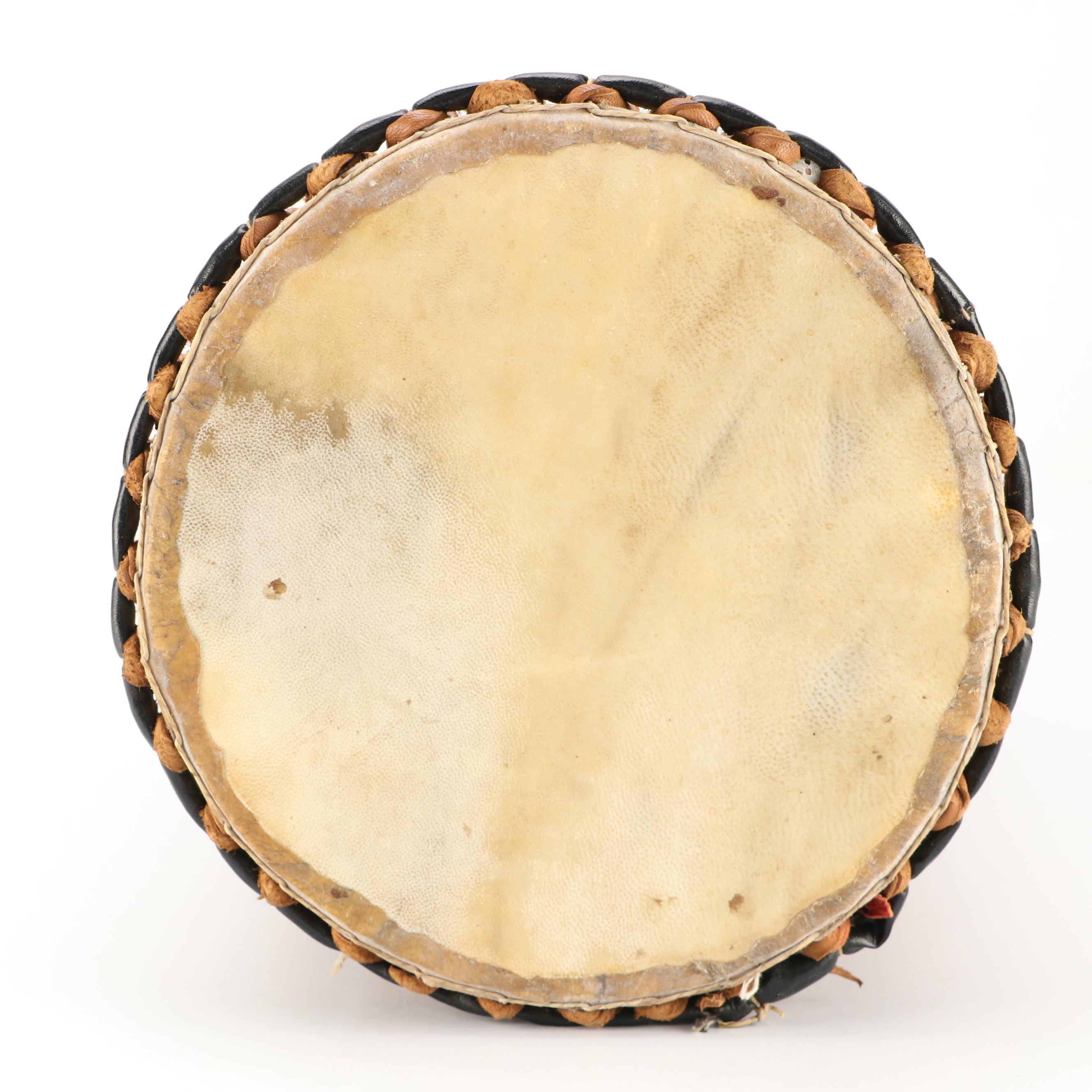 West African Griot Talking Drum with Goat Hide and Carved Wood