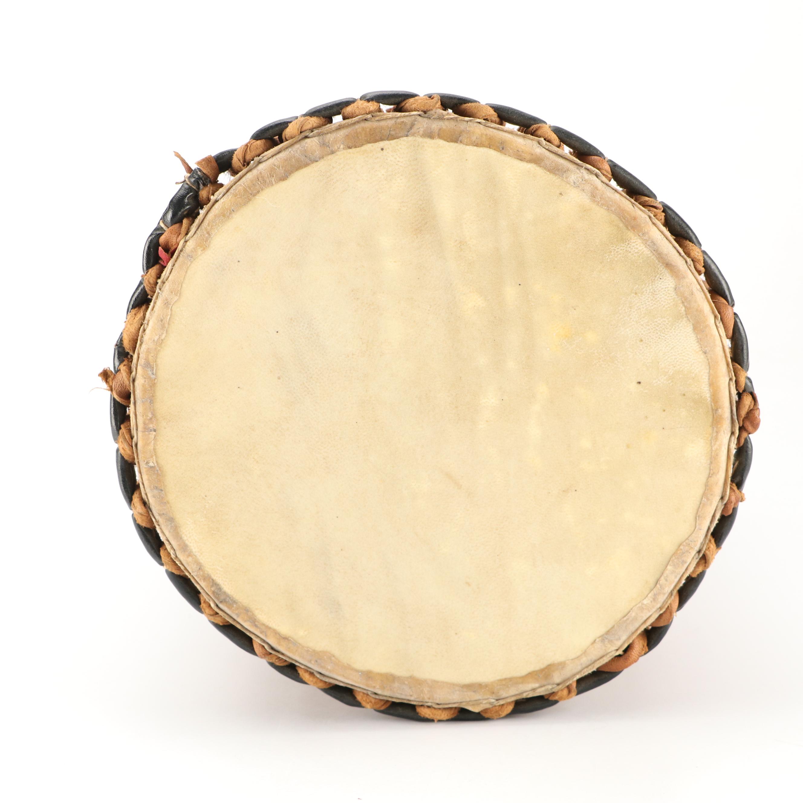 West African Griot Talking Drum with Goat Hide and Carved Wood