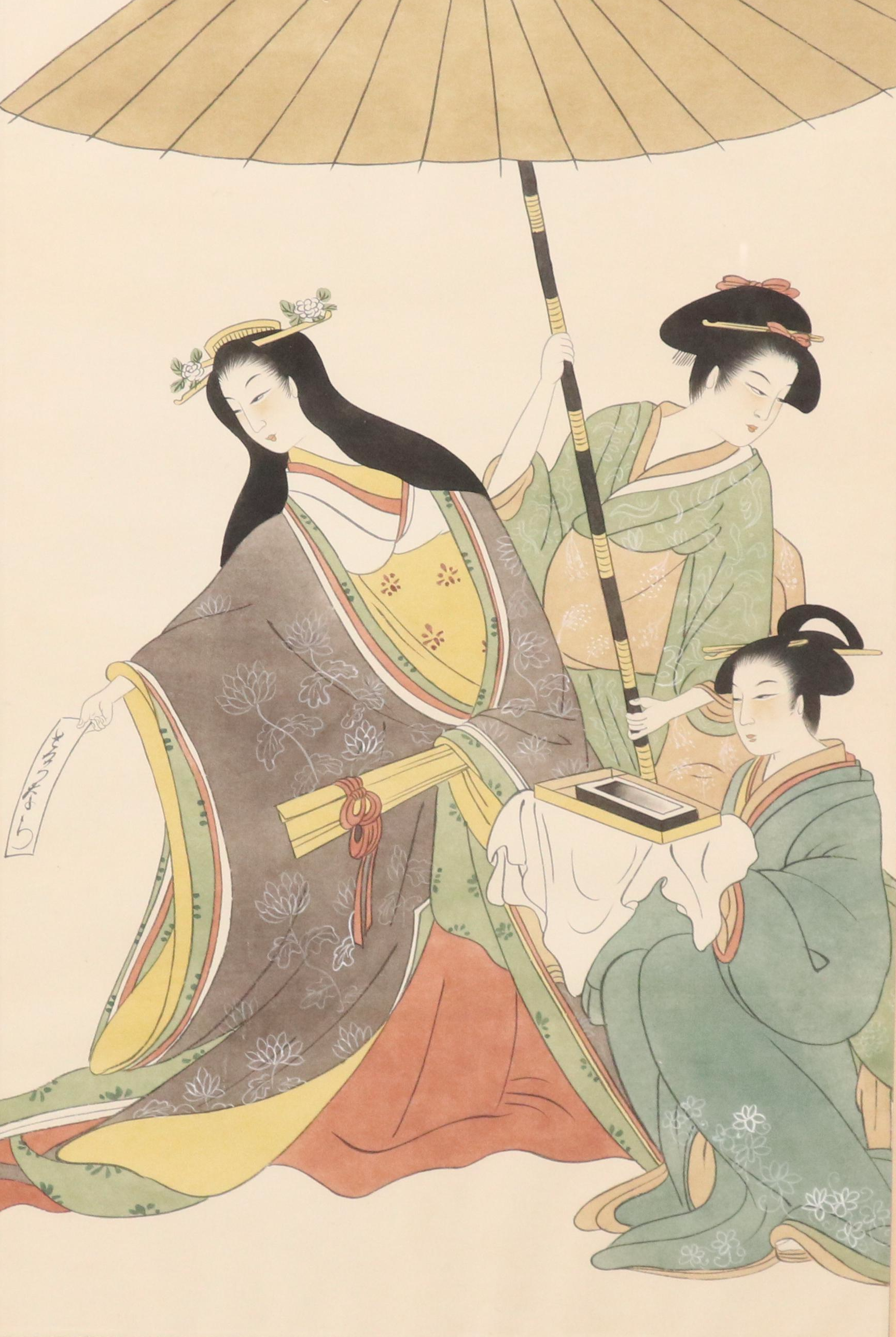 Japanese Watercolor Painting of Three Women with Parasol