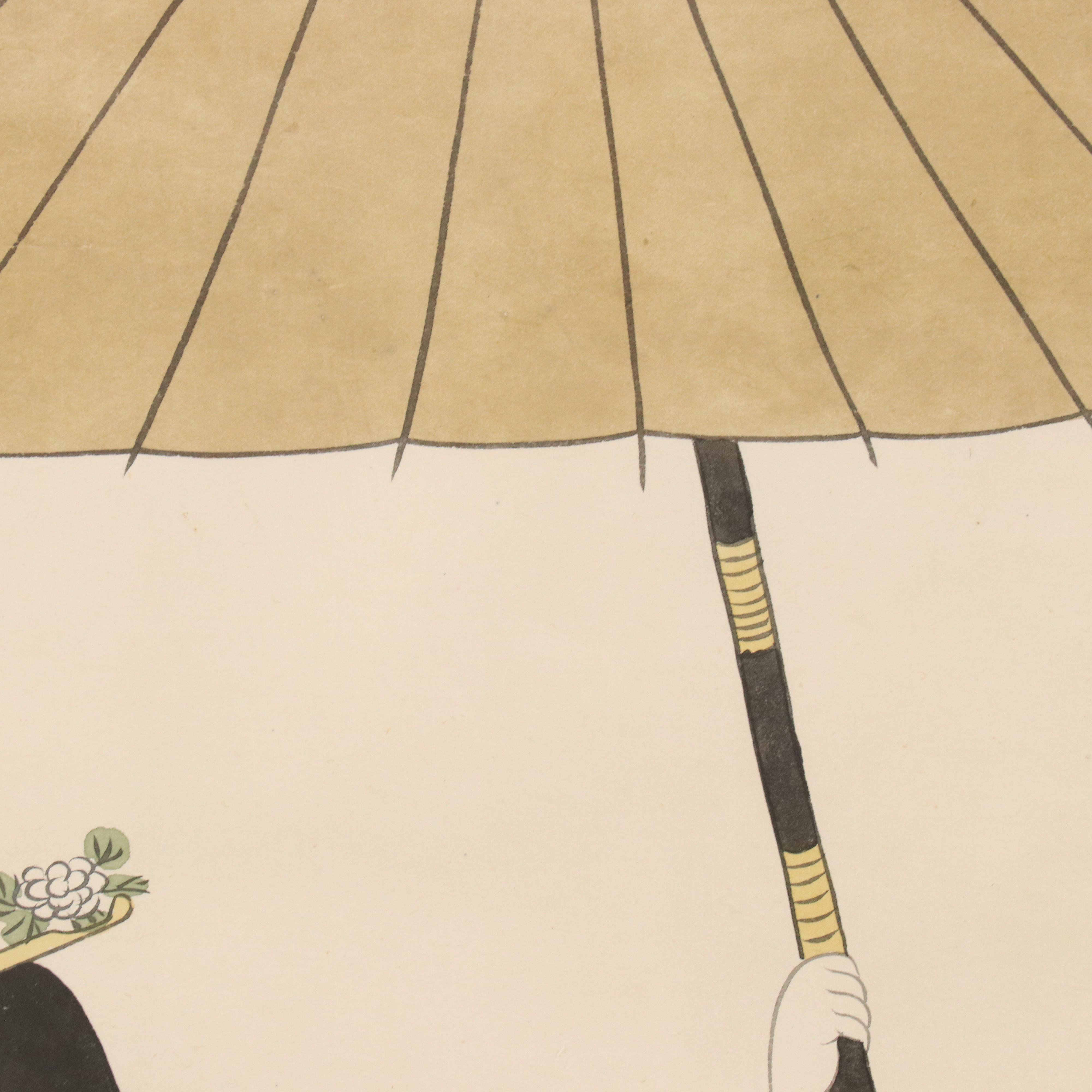 Japanese Watercolor Painting of Three Women with Parasol