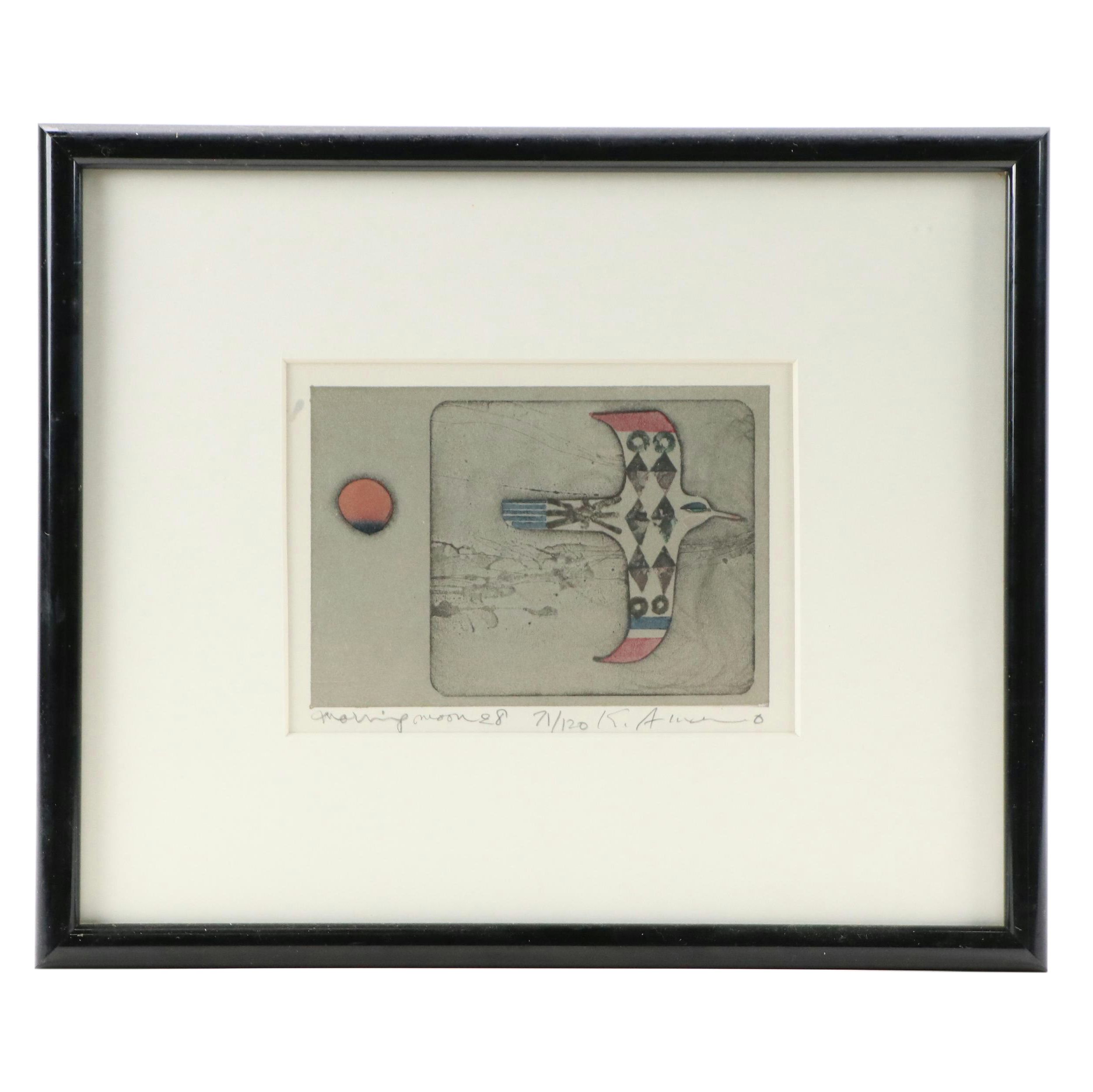 Kunihiro Amano Woodblock "Morning Moon," 1978