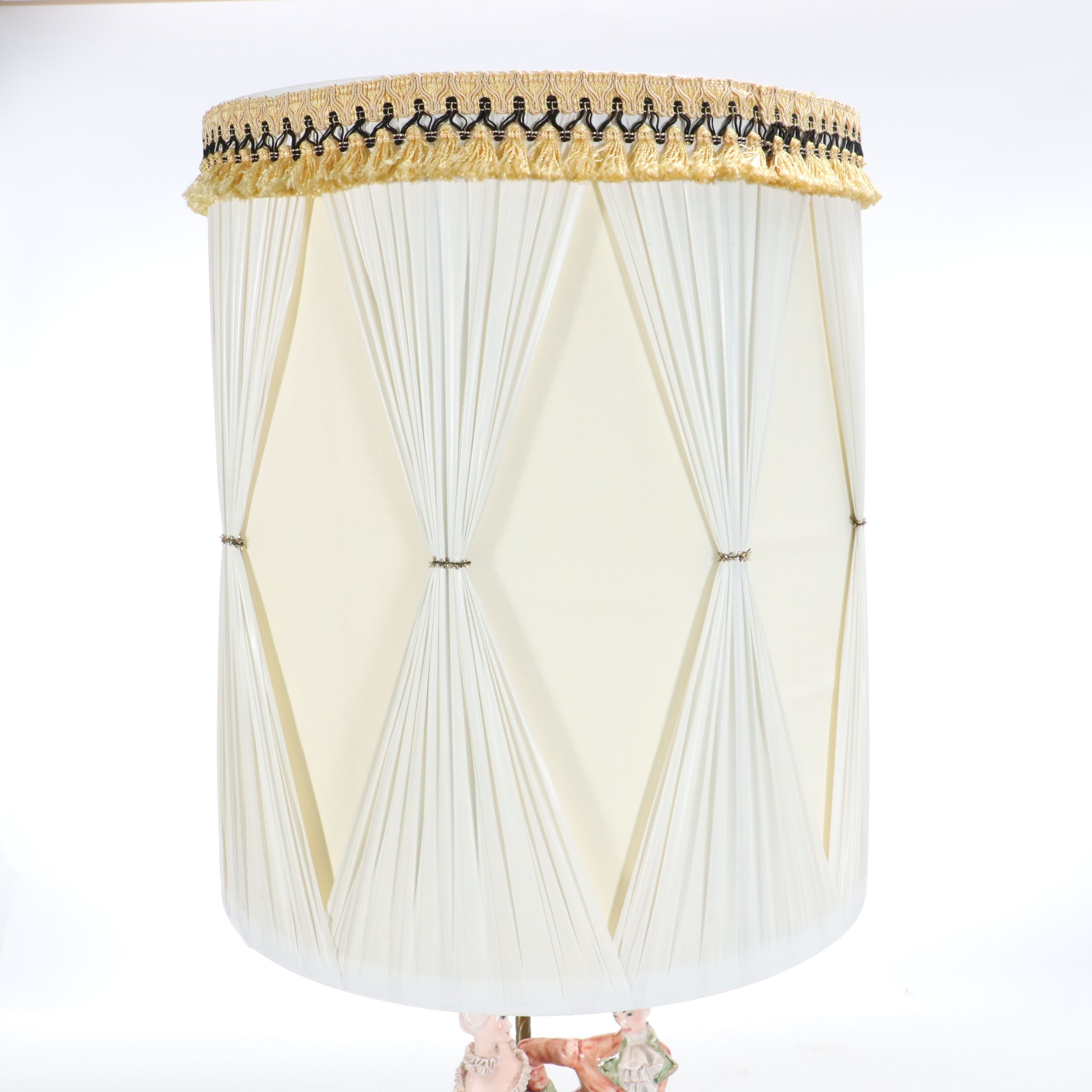 Italian Majolica Courting Couple Scene Figural Lamp with Fancy Pleat Drum Shade