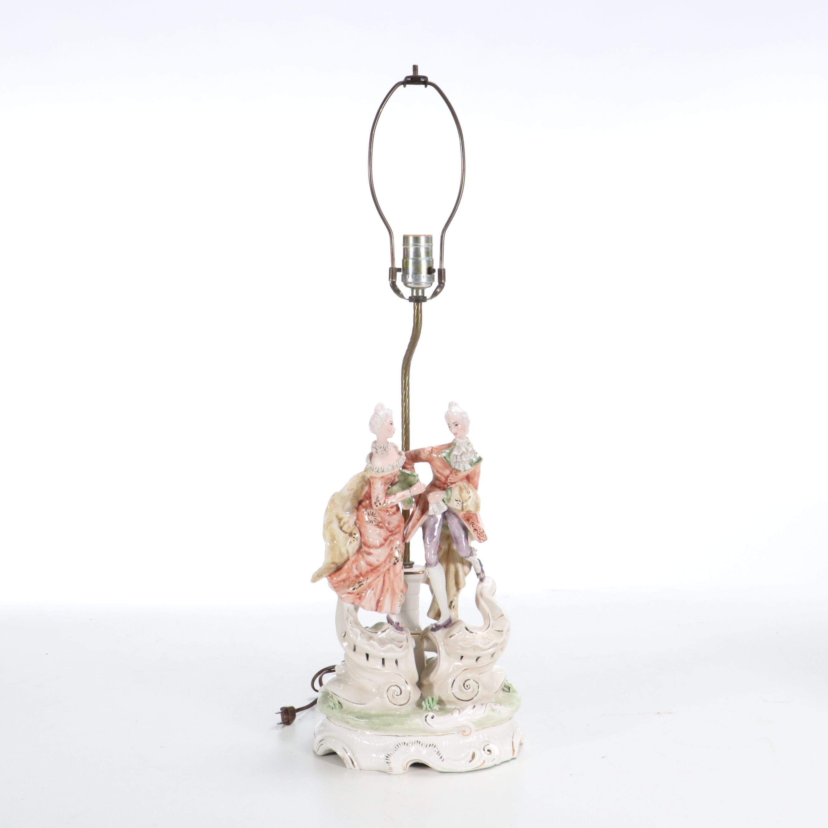 Italian Majolica Courting Couple Scene Figural Lamp with Fancy Pleat Drum Shade