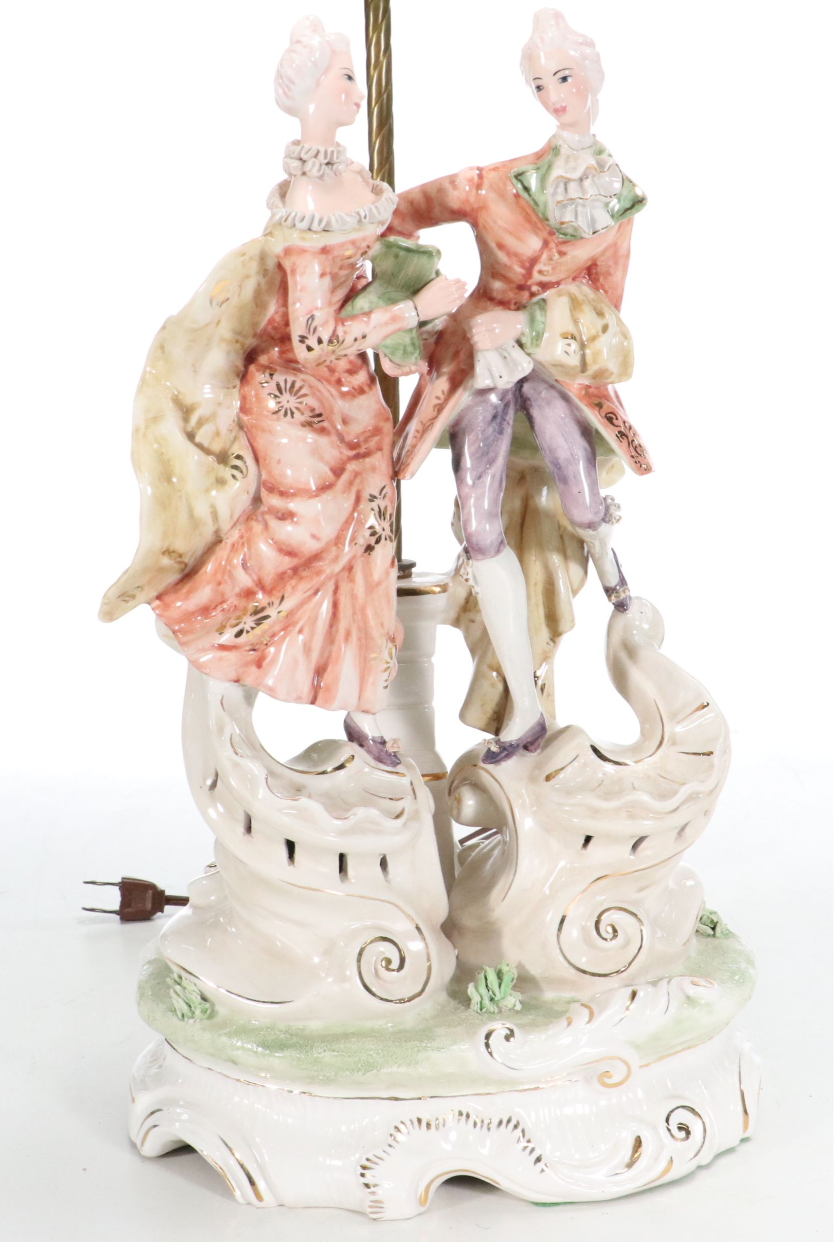 Italian Majolica Courting Couple Scene Figural Lamp with Fancy Pleat Drum Shade