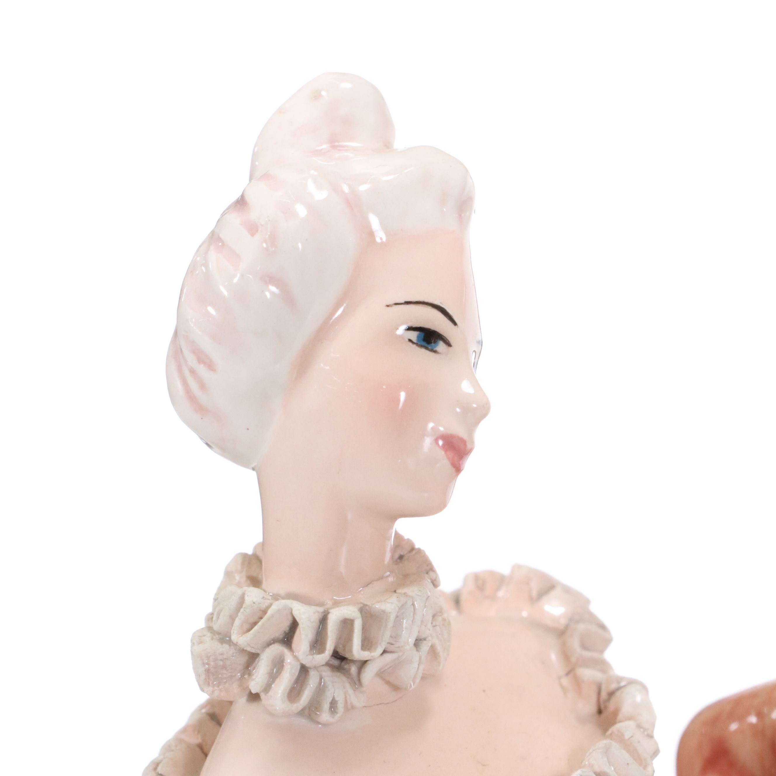 Italian Majolica Courting Couple Scene Figural Lamp with Fancy Pleat Drum Shade