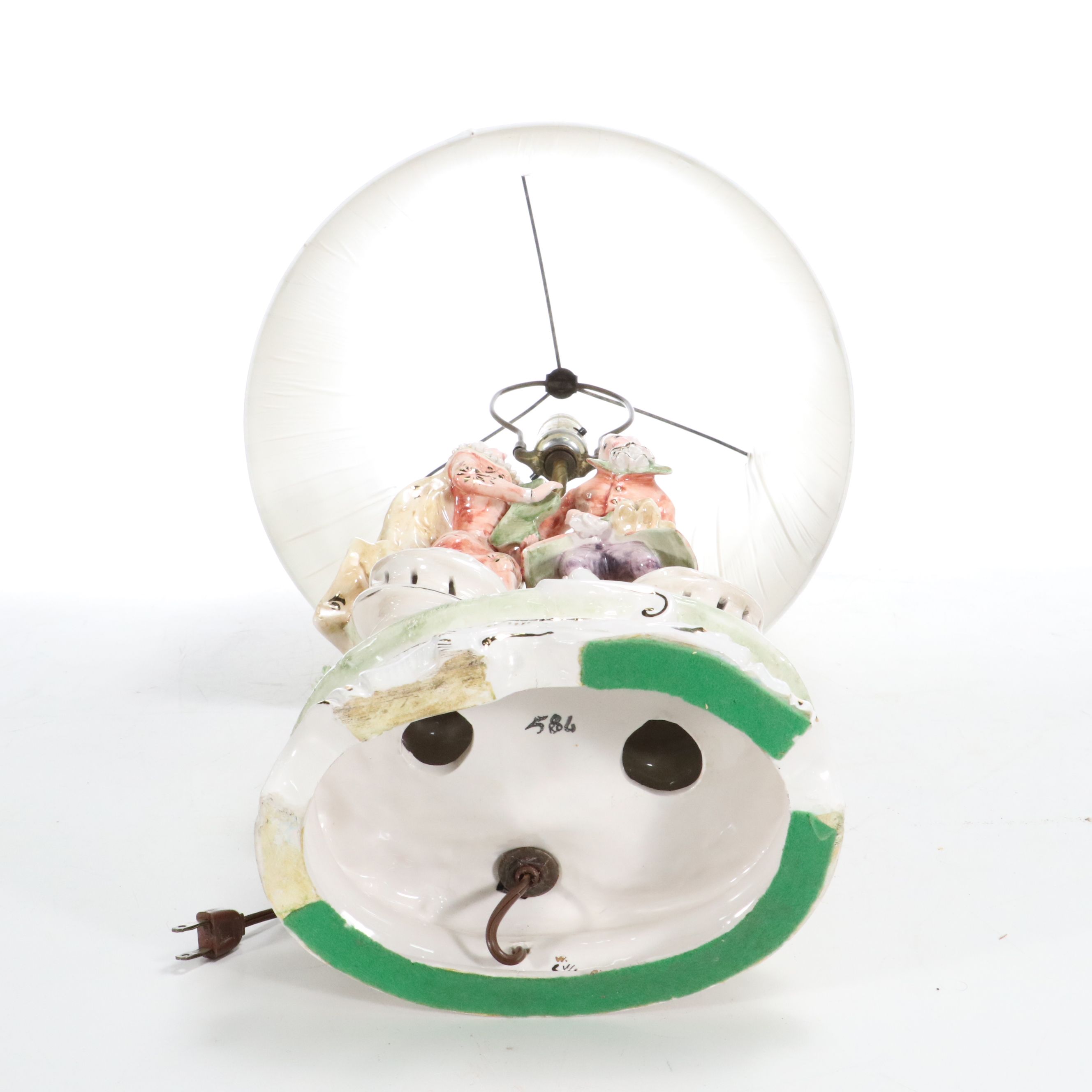 Italian Majolica Courting Couple Scene Figural Lamp with Fancy Pleat Drum Shade