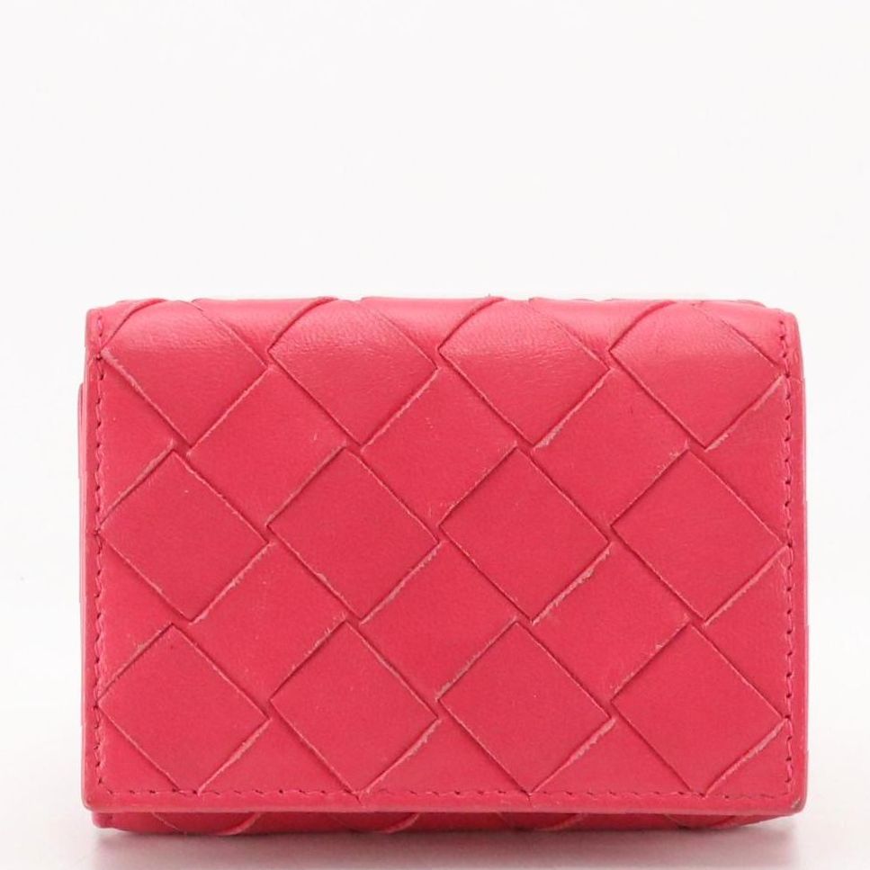Bottega Veneta Mini Trifold Compact Wallet in Fuchsia Pink Intrecciato Leather