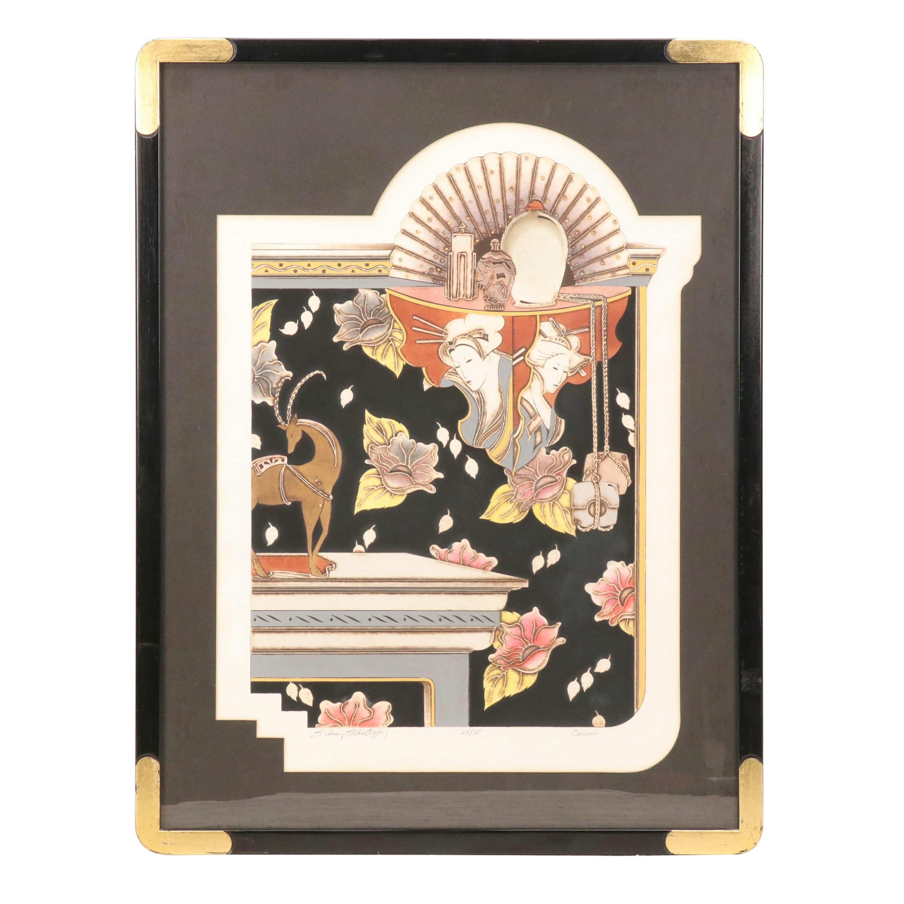 Sidney Schatzky Stylized Still Life Collograph with Animal and Floral Motifs