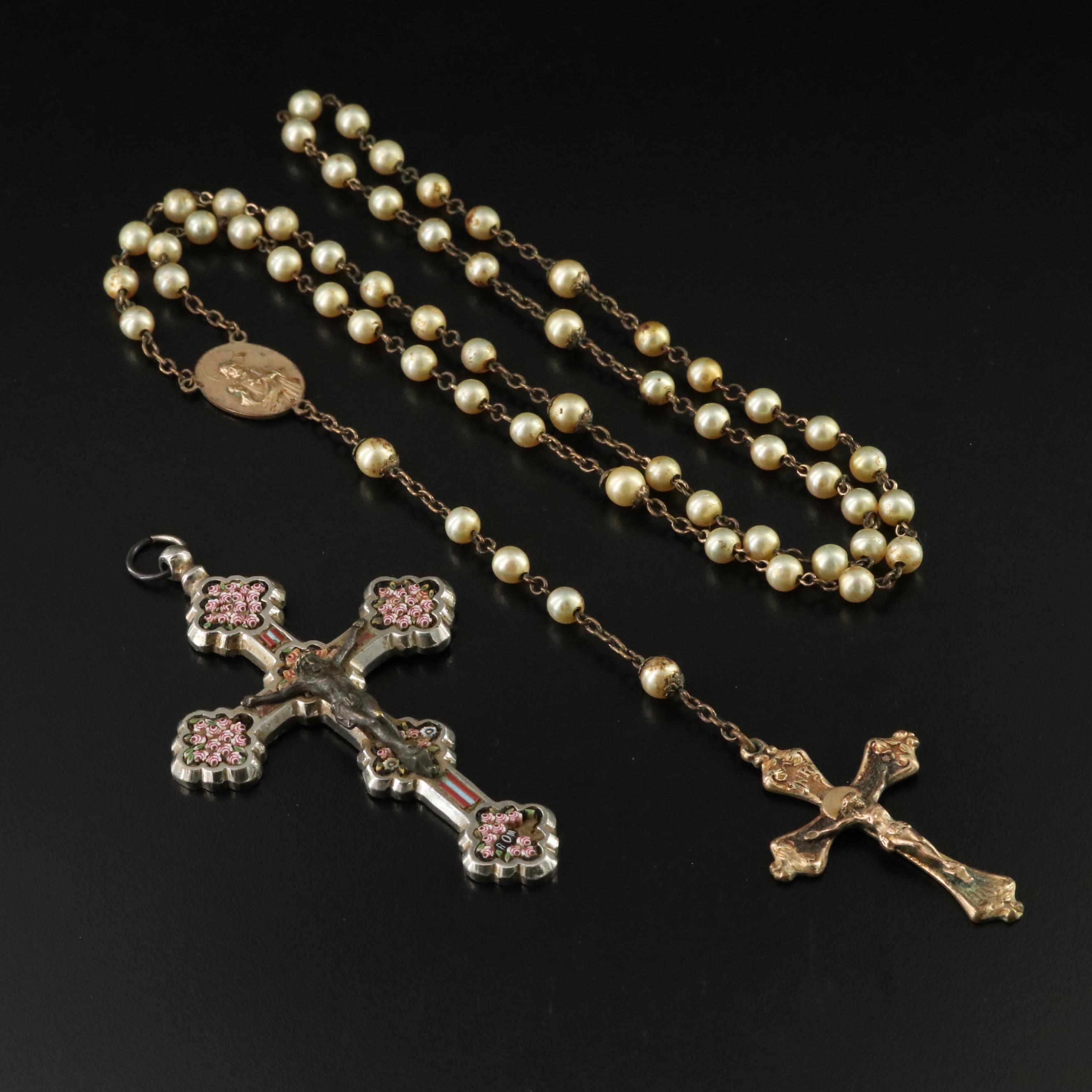 Religious Faux Pearl Rosary and Microsaic Cross Pendant