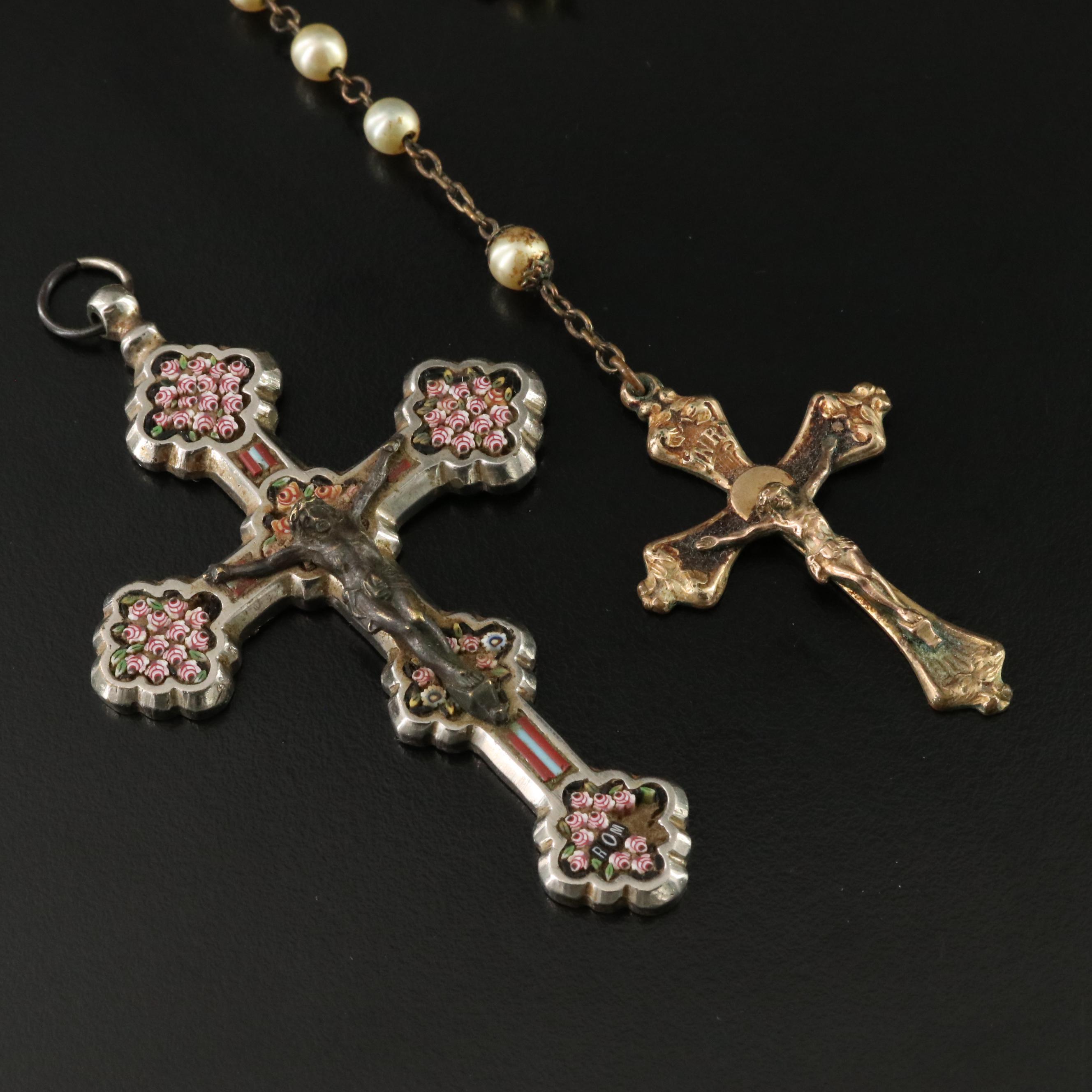 Religious Faux Pearl Rosary and Microsaic Cross Pendant