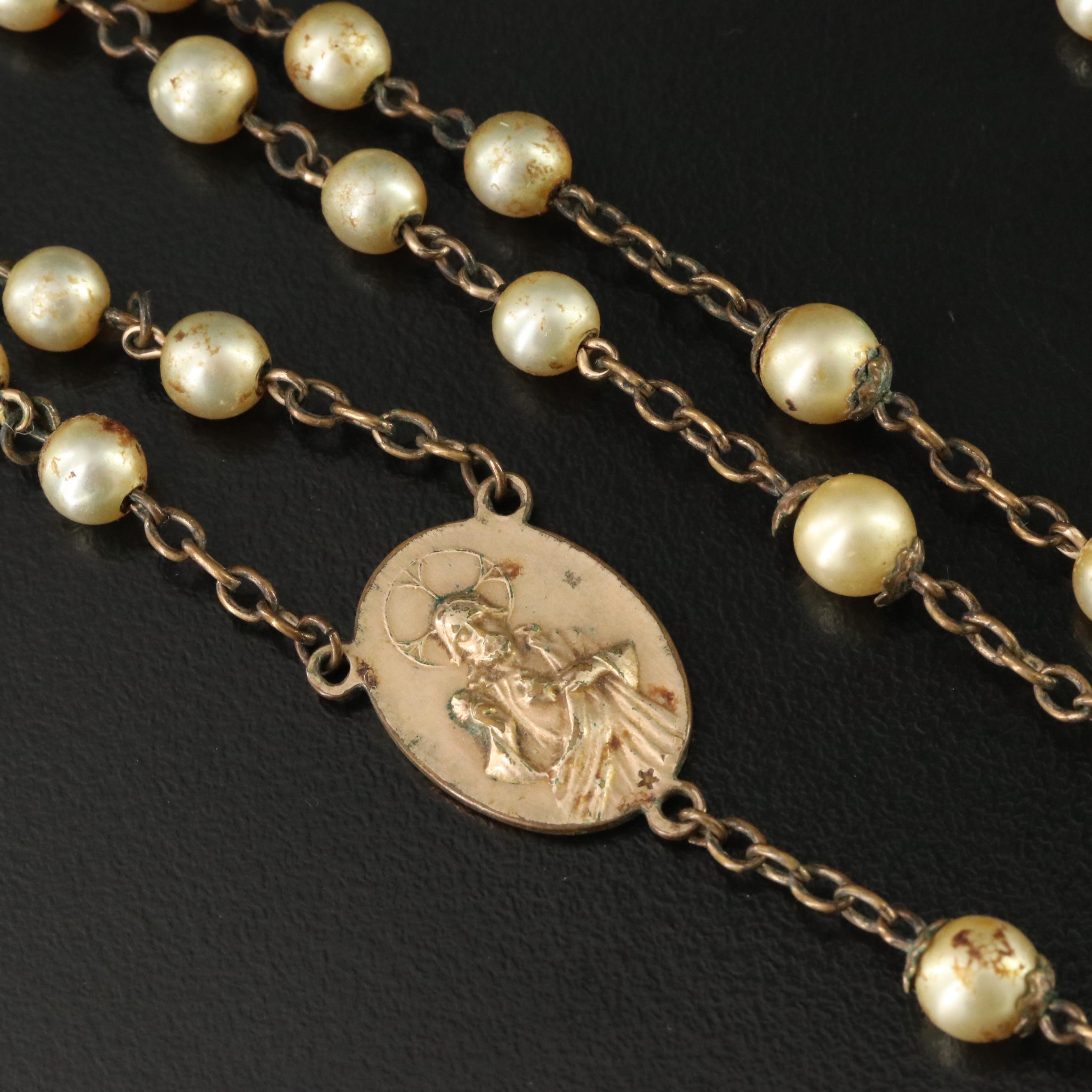 Religious Faux Pearl Rosary and Microsaic Cross Pendant