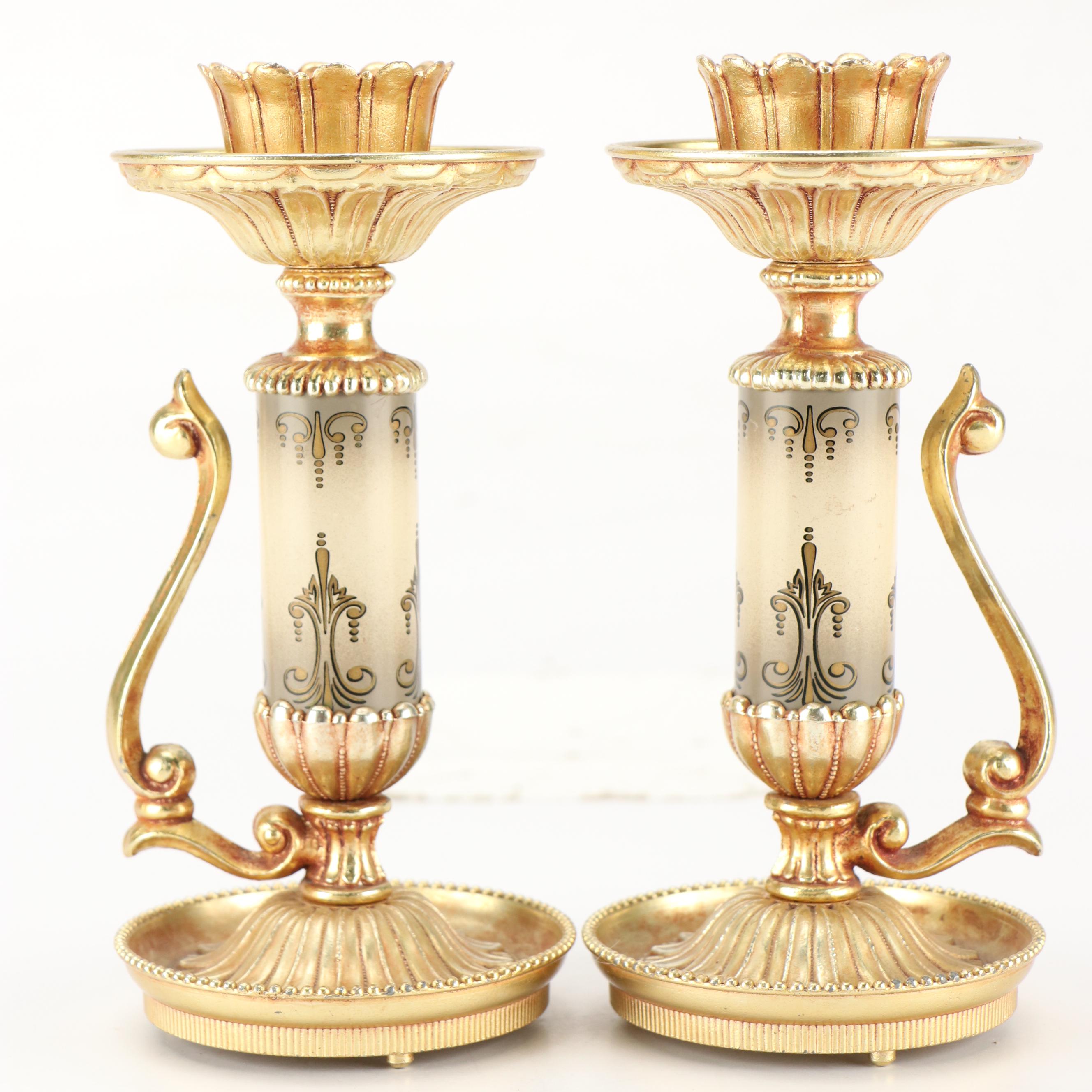 Pair of Villy and Other Shell Inlaid Candlesticks, Mid to Late 20th Century