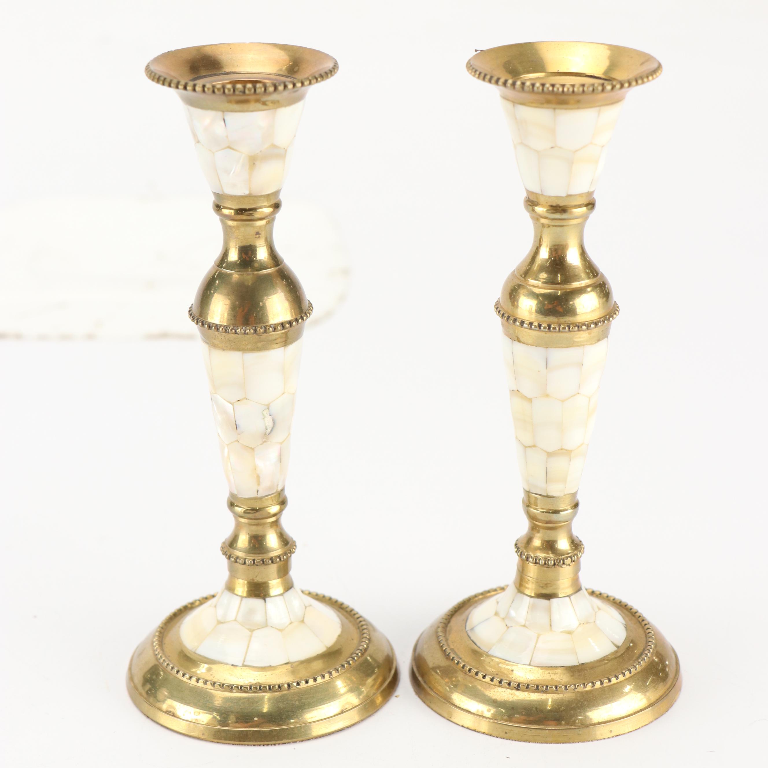 Pair of Villy and Other Shell Inlaid Candlesticks, Mid to Late 20th Century