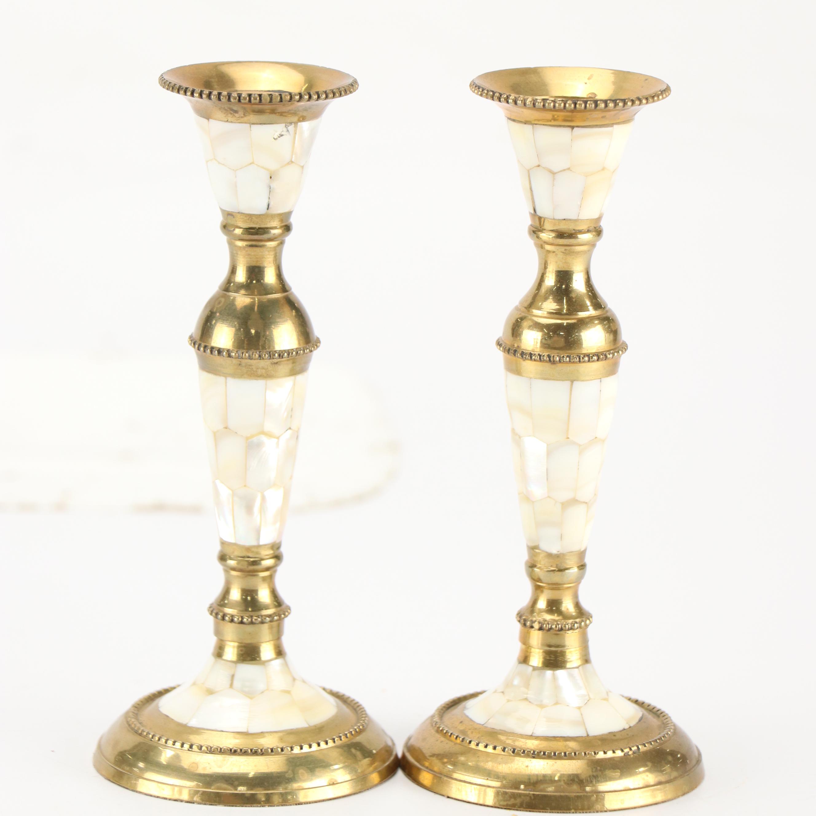 Pair of Villy and Other Shell Inlaid Candlesticks, Mid to Late 20th Century