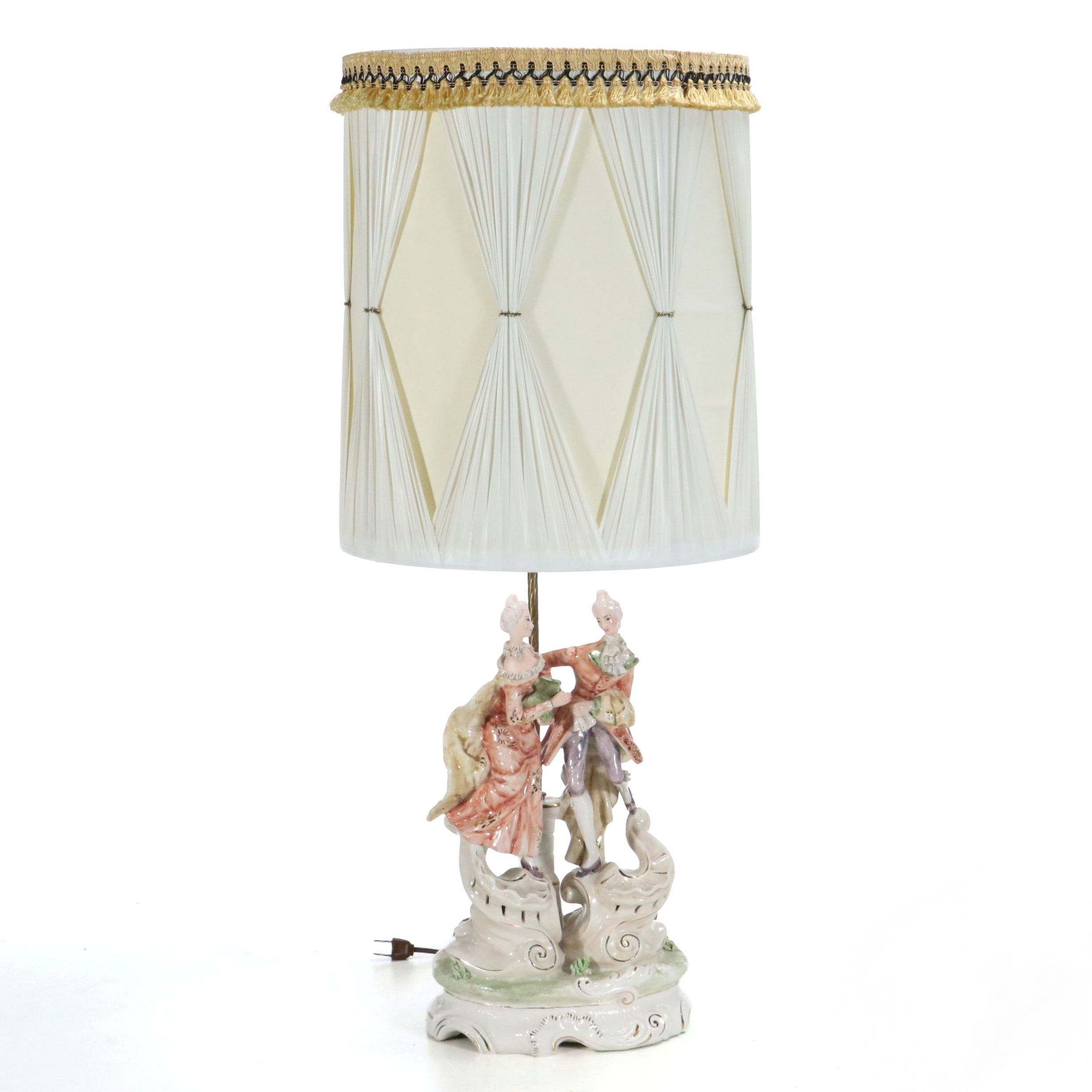 Italian Majolica Courting Couple Scene Figural Lamp with Fancy Pleat Drum Shade