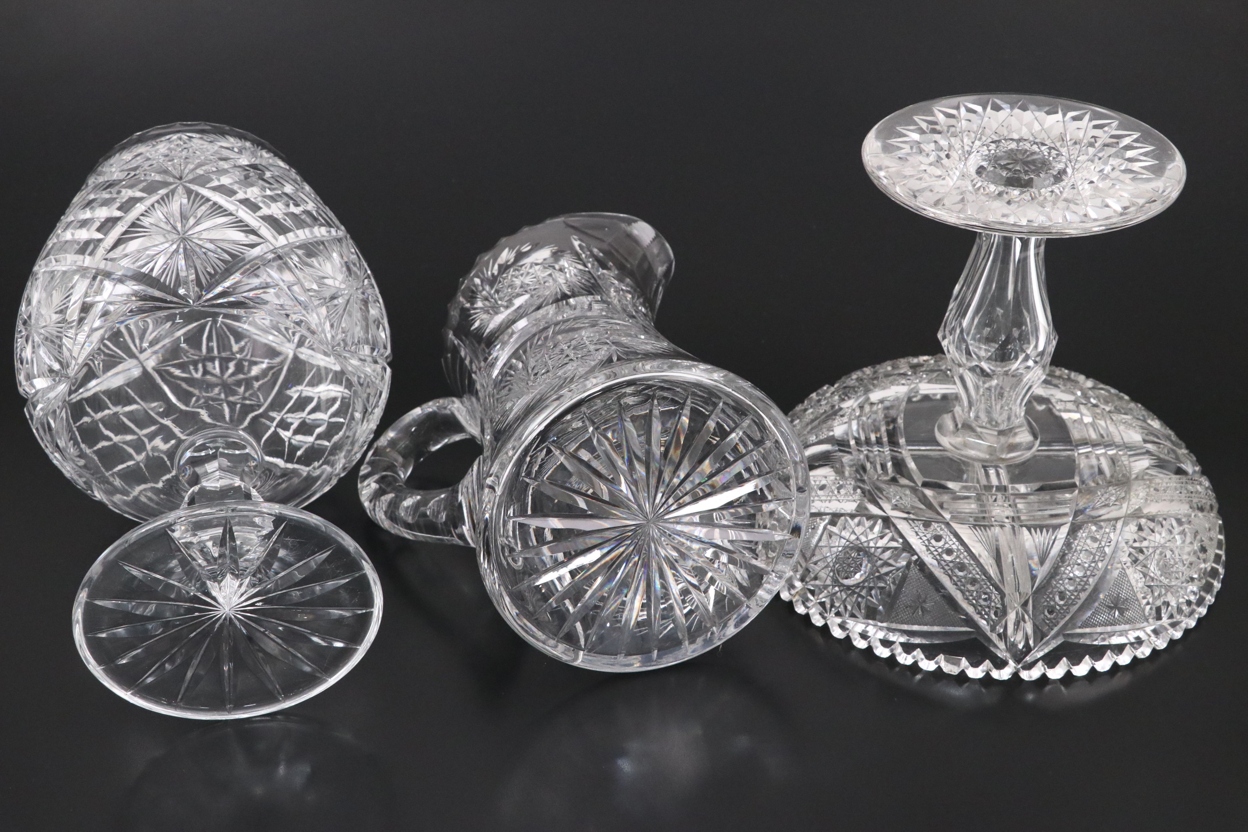 American Brilliant Style Cut Glass Divided Compote and Other Table Accessories