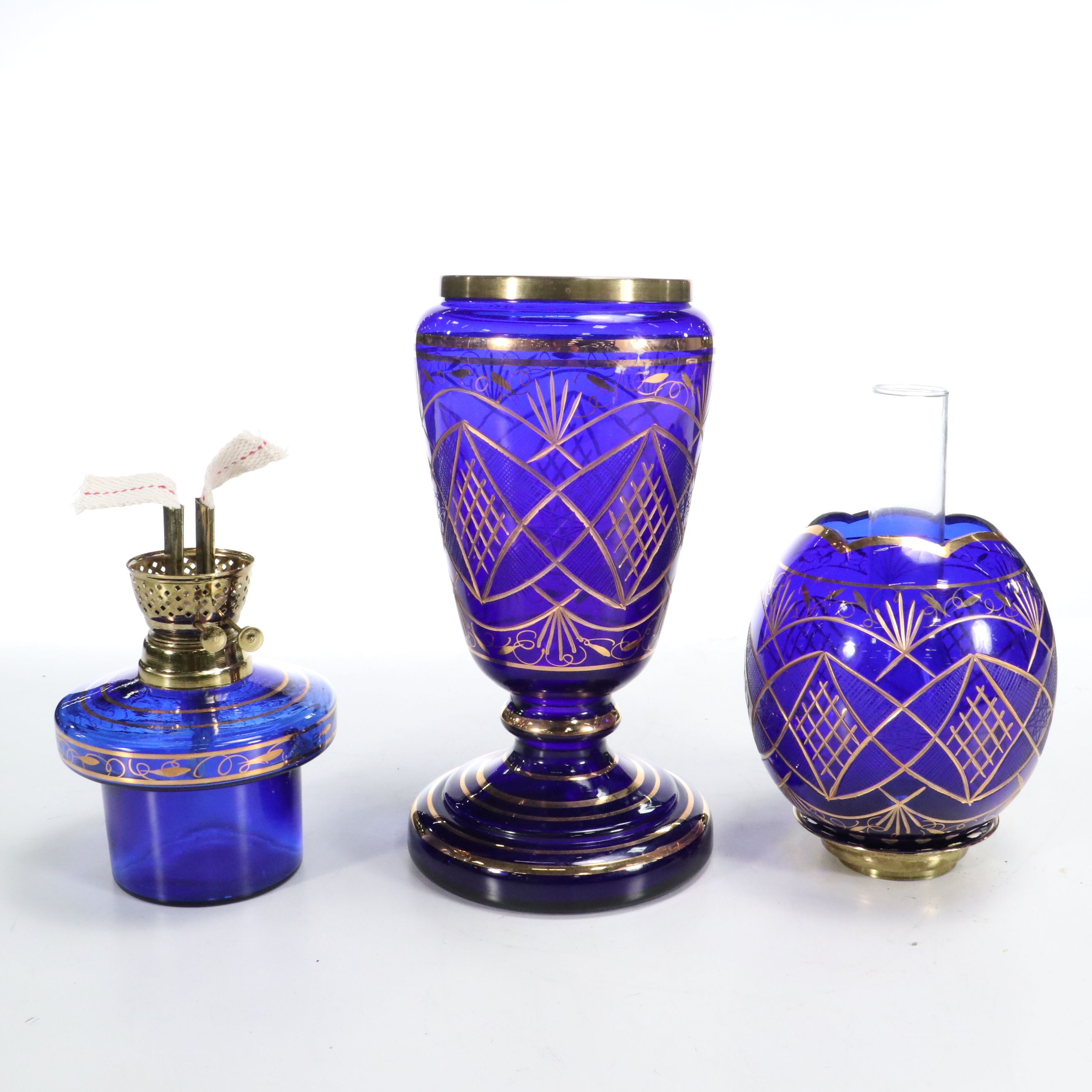 Czech Cobalt Blue and Gilt Oil Lamp
