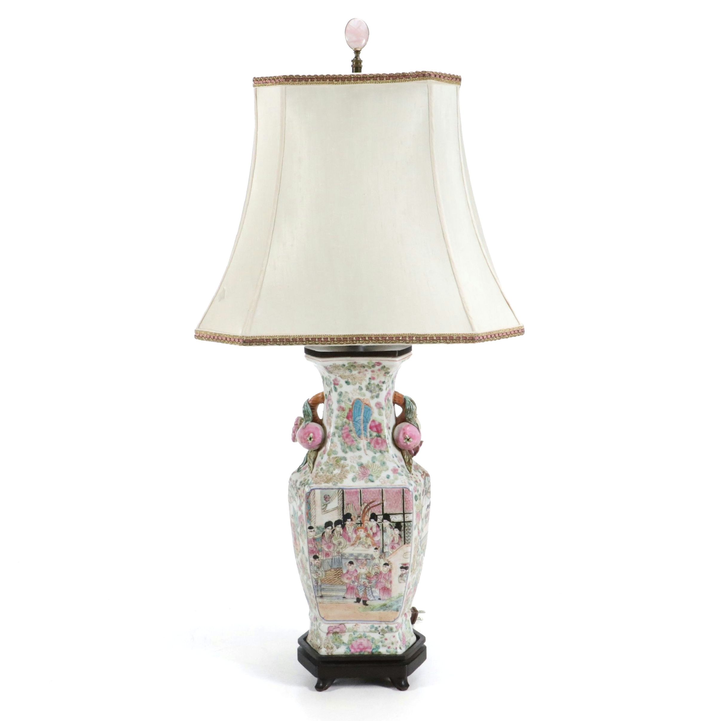 Chinese Porcelain Hu Vase Lamp with Pomegranate Handles & Silk Shade