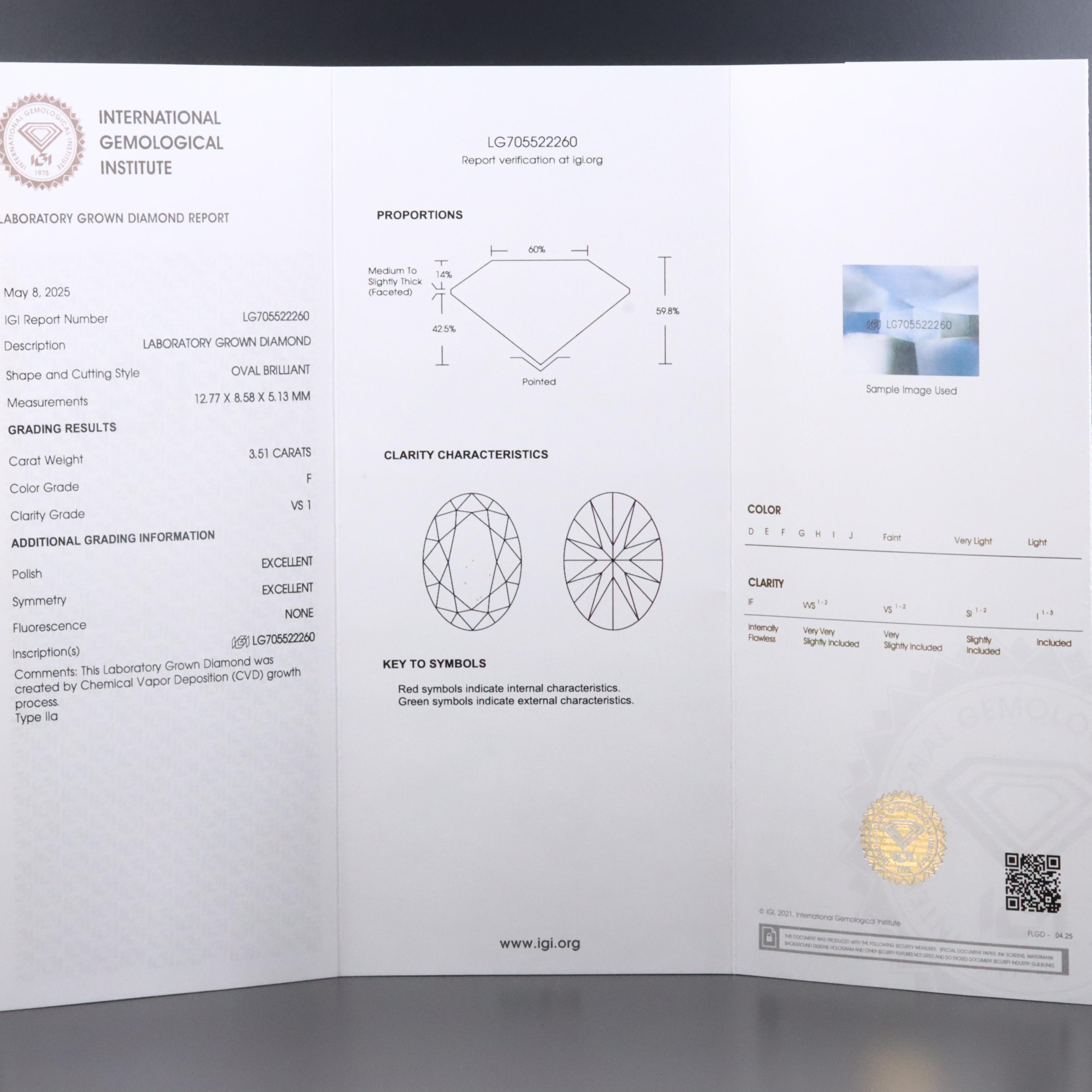 Loose 3.51 CT Lab Grown Diamond with IGI Report