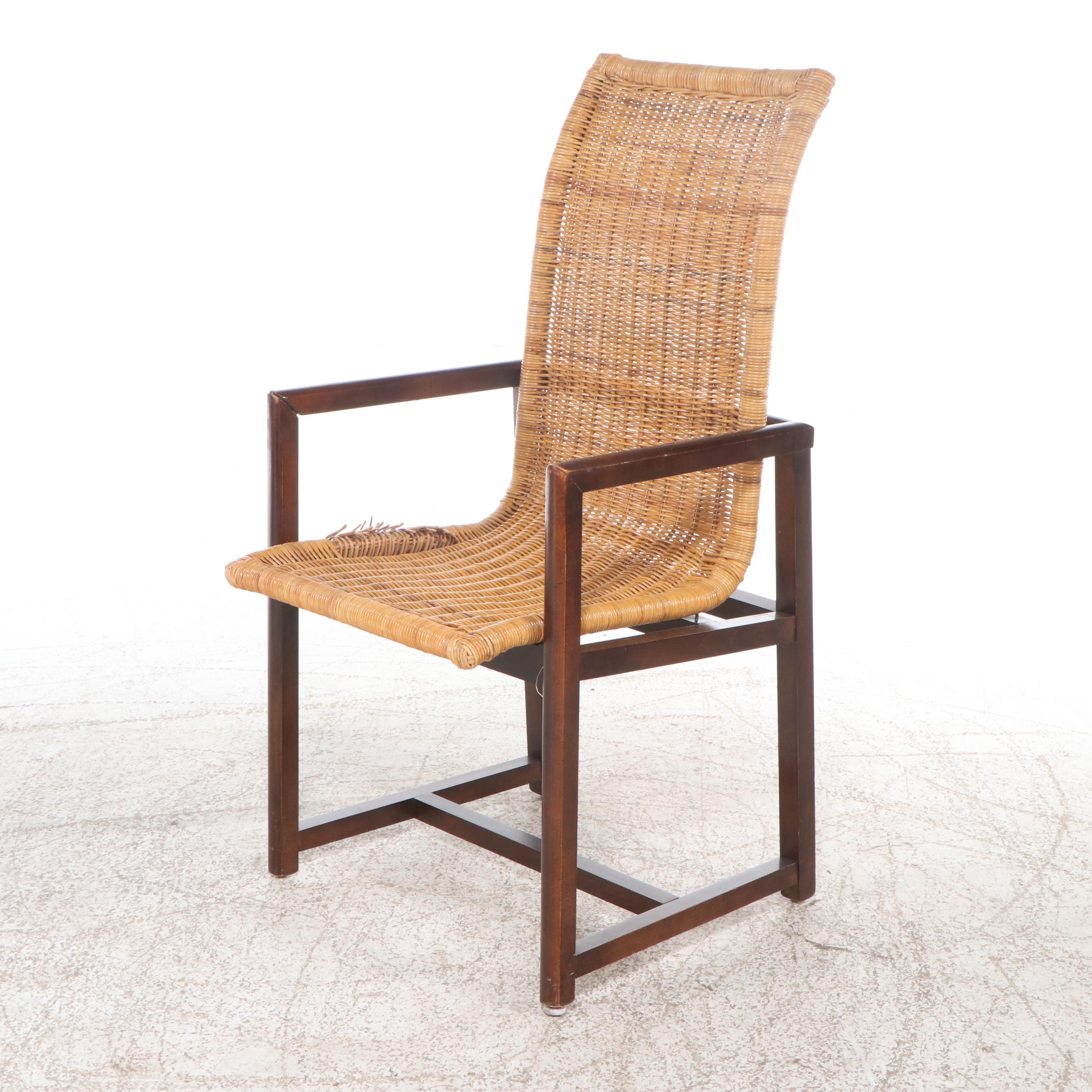 Set of Four Mid Century Modern Style Wicker Woven and Walnut Dining Chairs