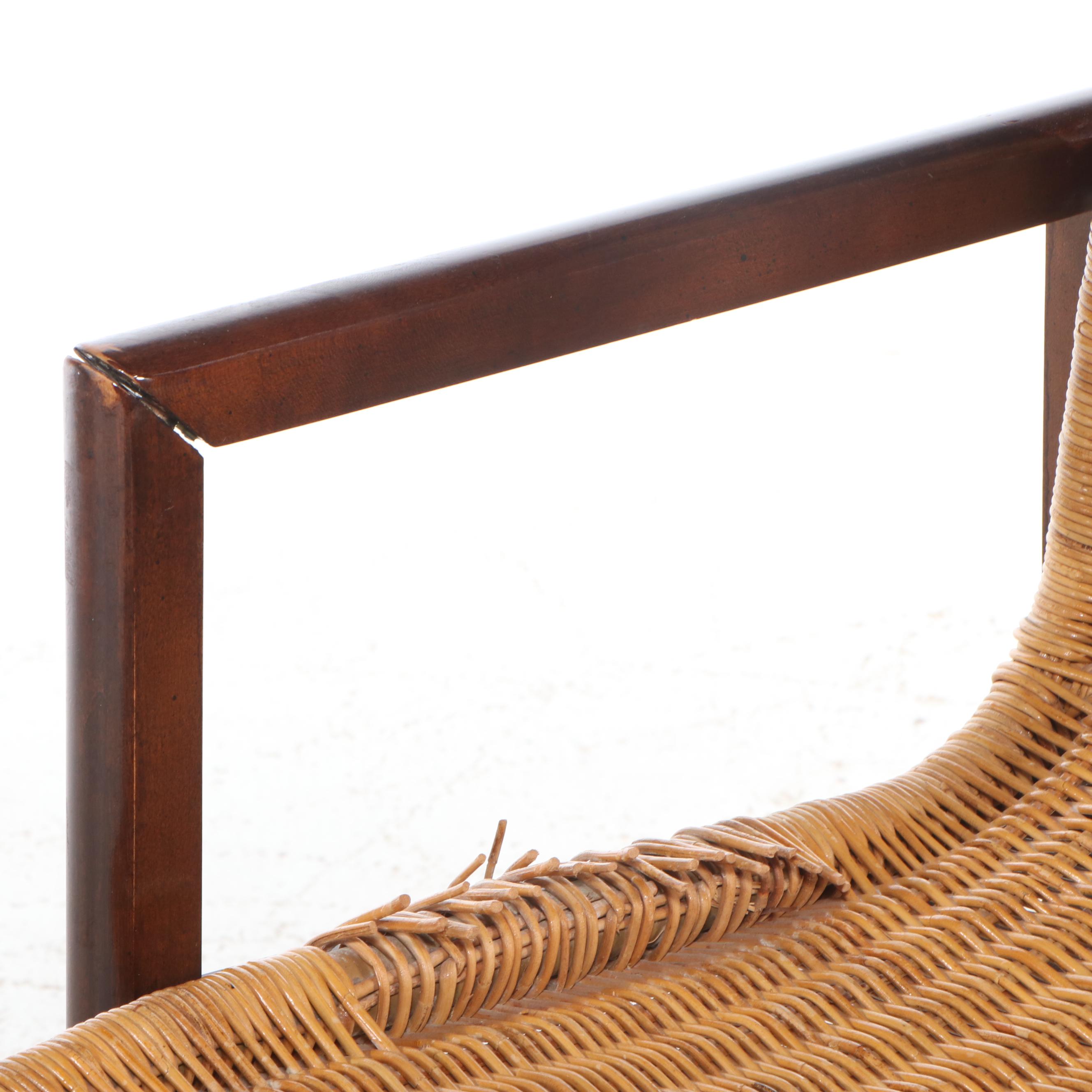 Set of Four Mid Century Modern Style Wicker Woven and Walnut Dining Chairs