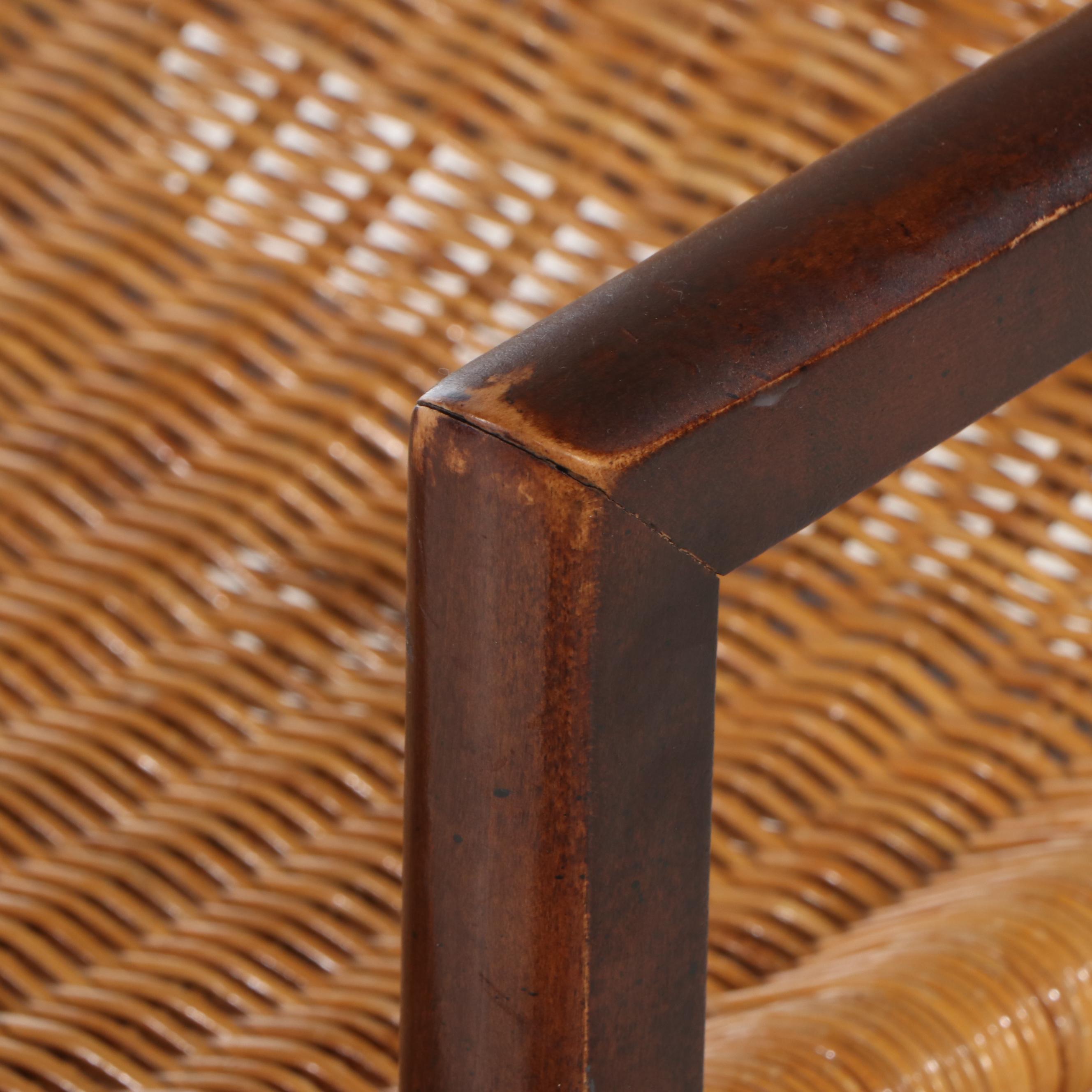 Set of Four Mid Century Modern Style Wicker Woven and Walnut Dining Chairs