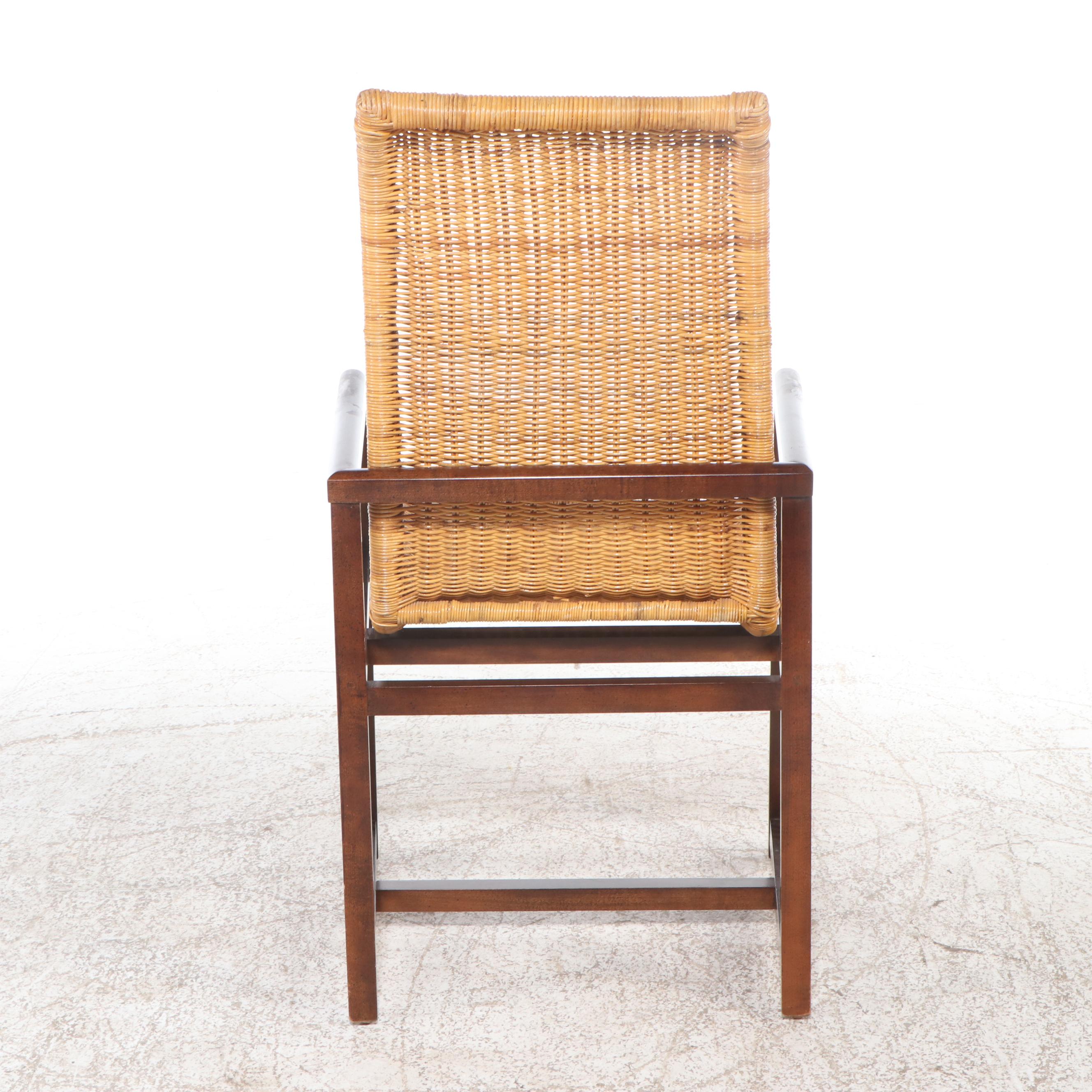 Set of Four Mid Century Modern Style Wicker Woven and Walnut Dining Chairs