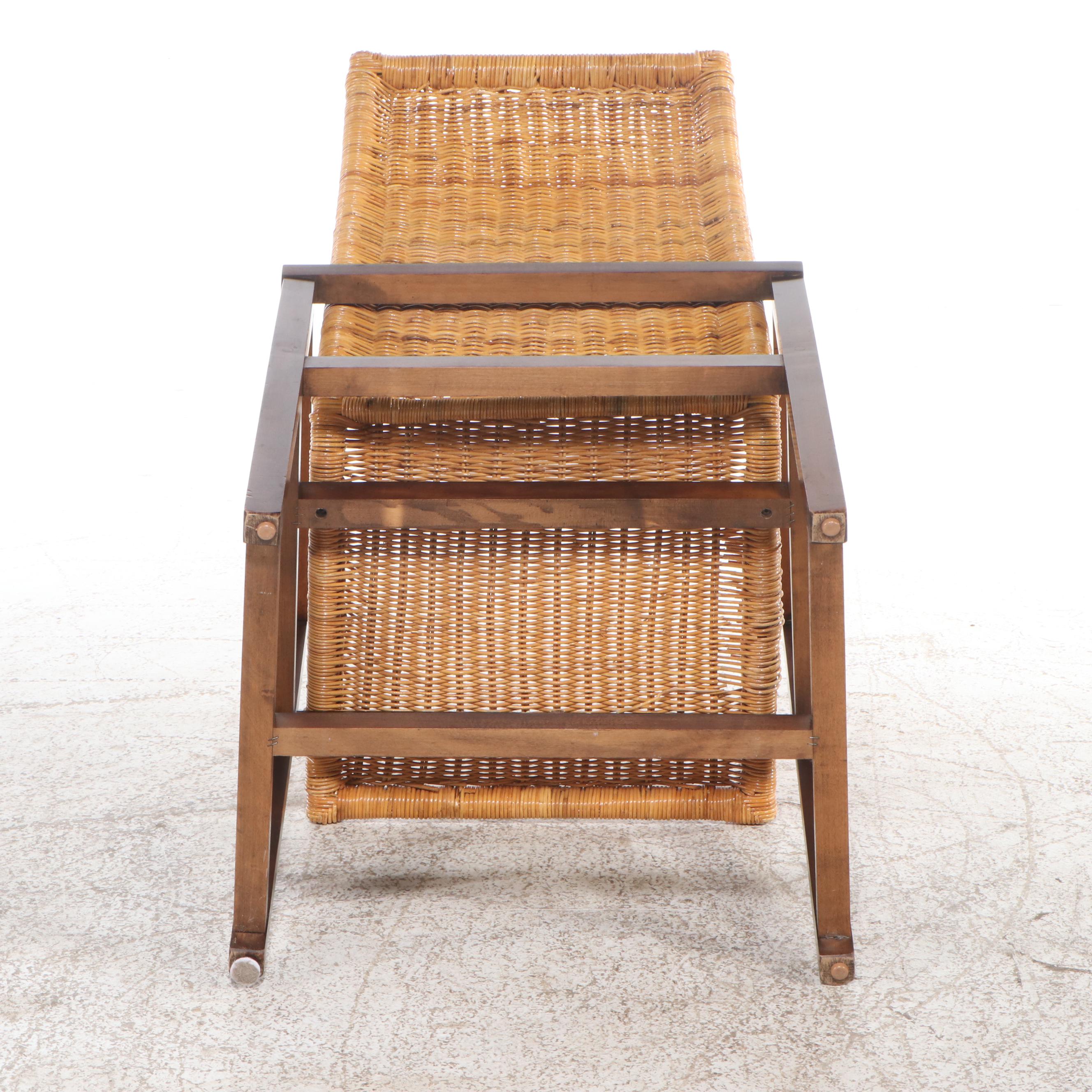 Set of Four Mid Century Modern Style Wicker Woven and Walnut Dining Chairs