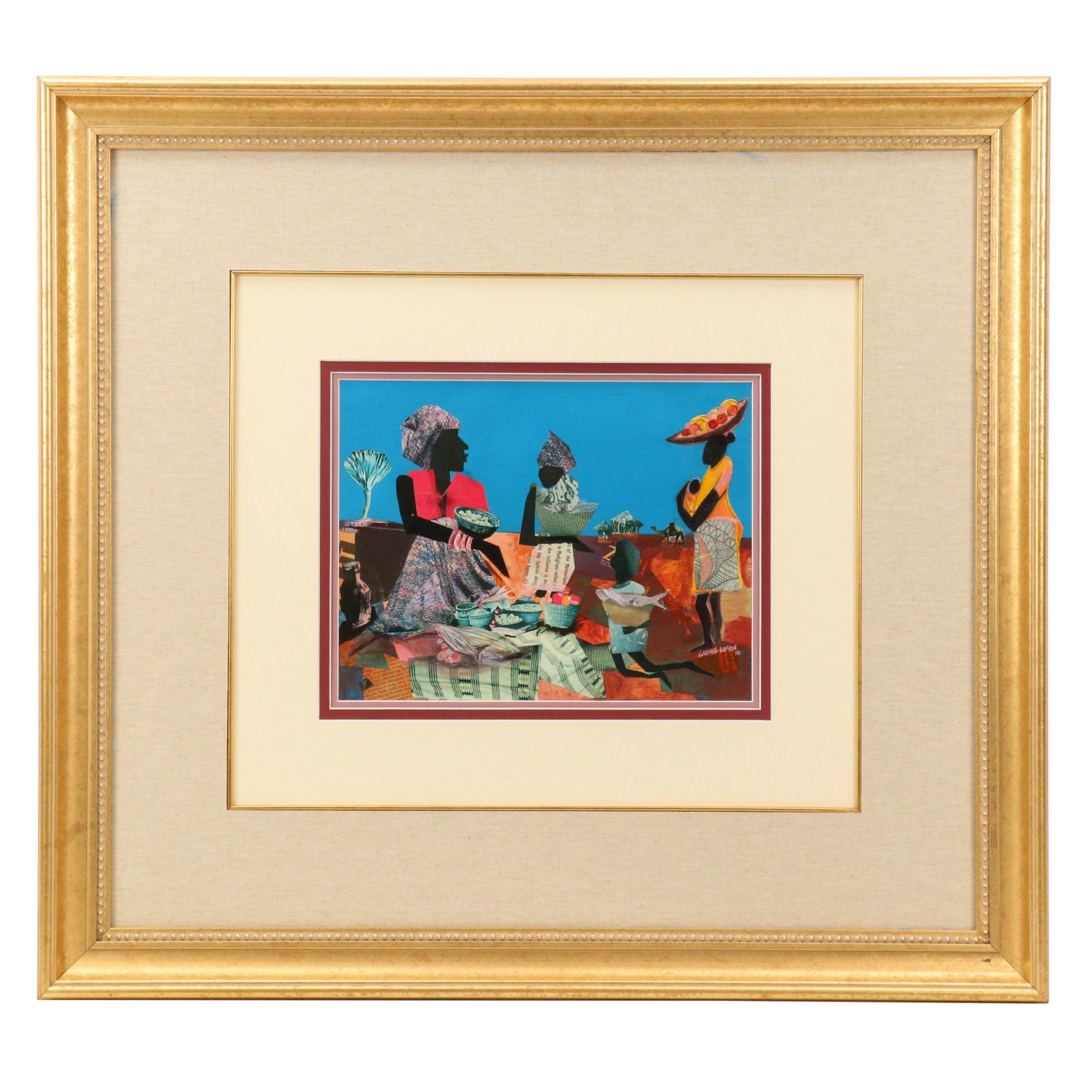 Lionel Lofton Mixed Media Collage of Women in Village Scene, 1990