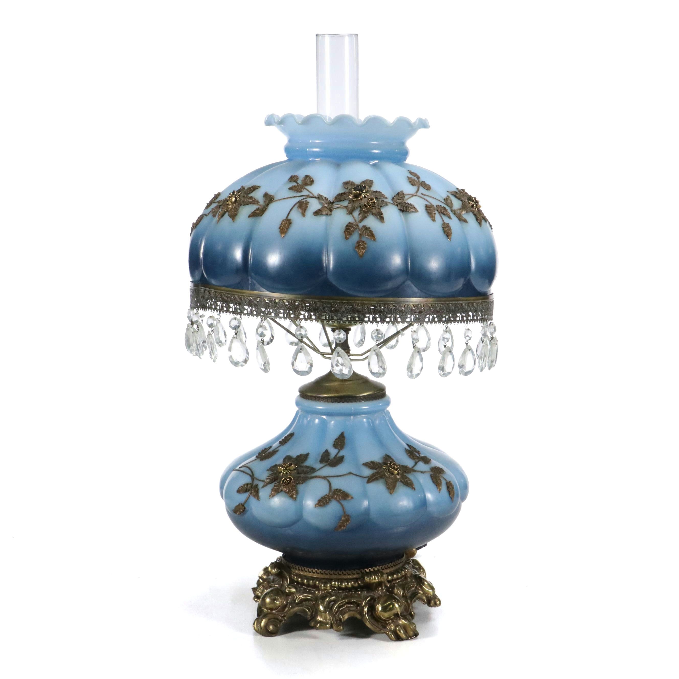 Hollywood Regency Style Gilt Metal Roses on Blue Glass Parlor Lamp, Vintage