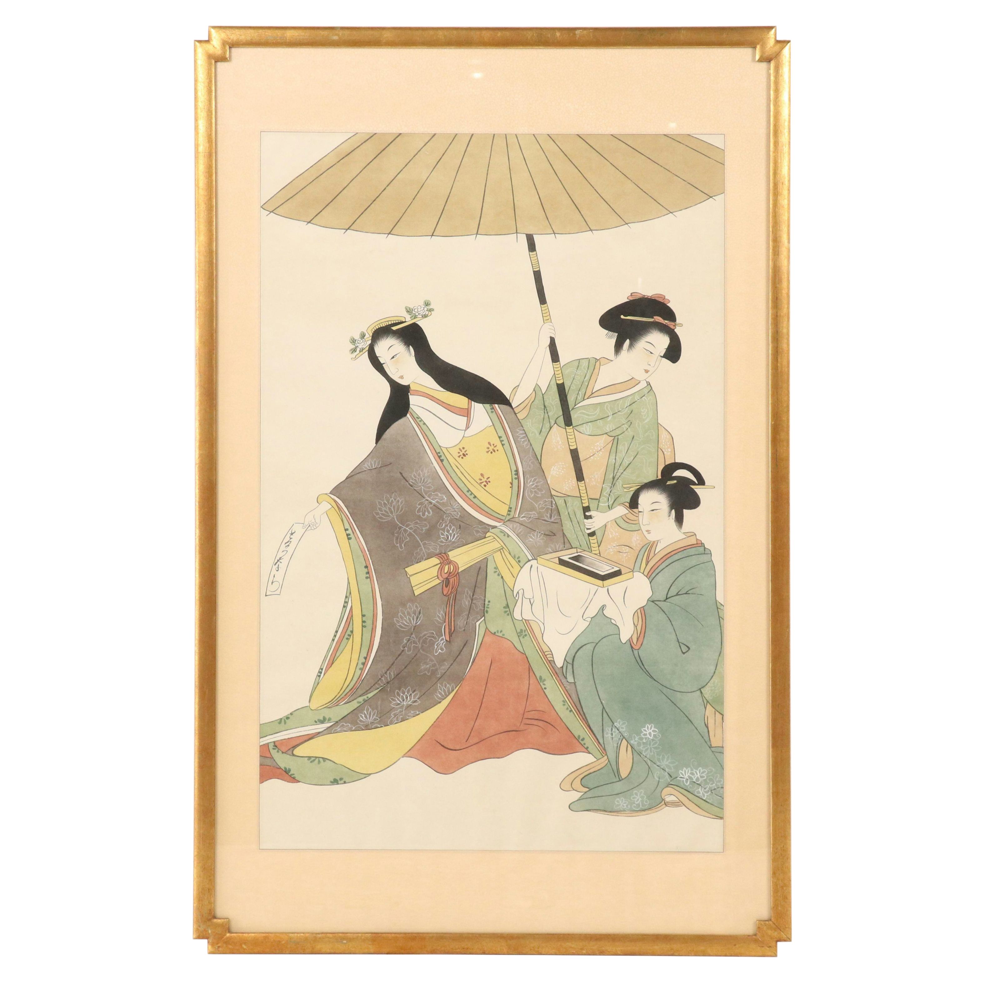 Japanese Watercolor Painting of Three Women with Parasol