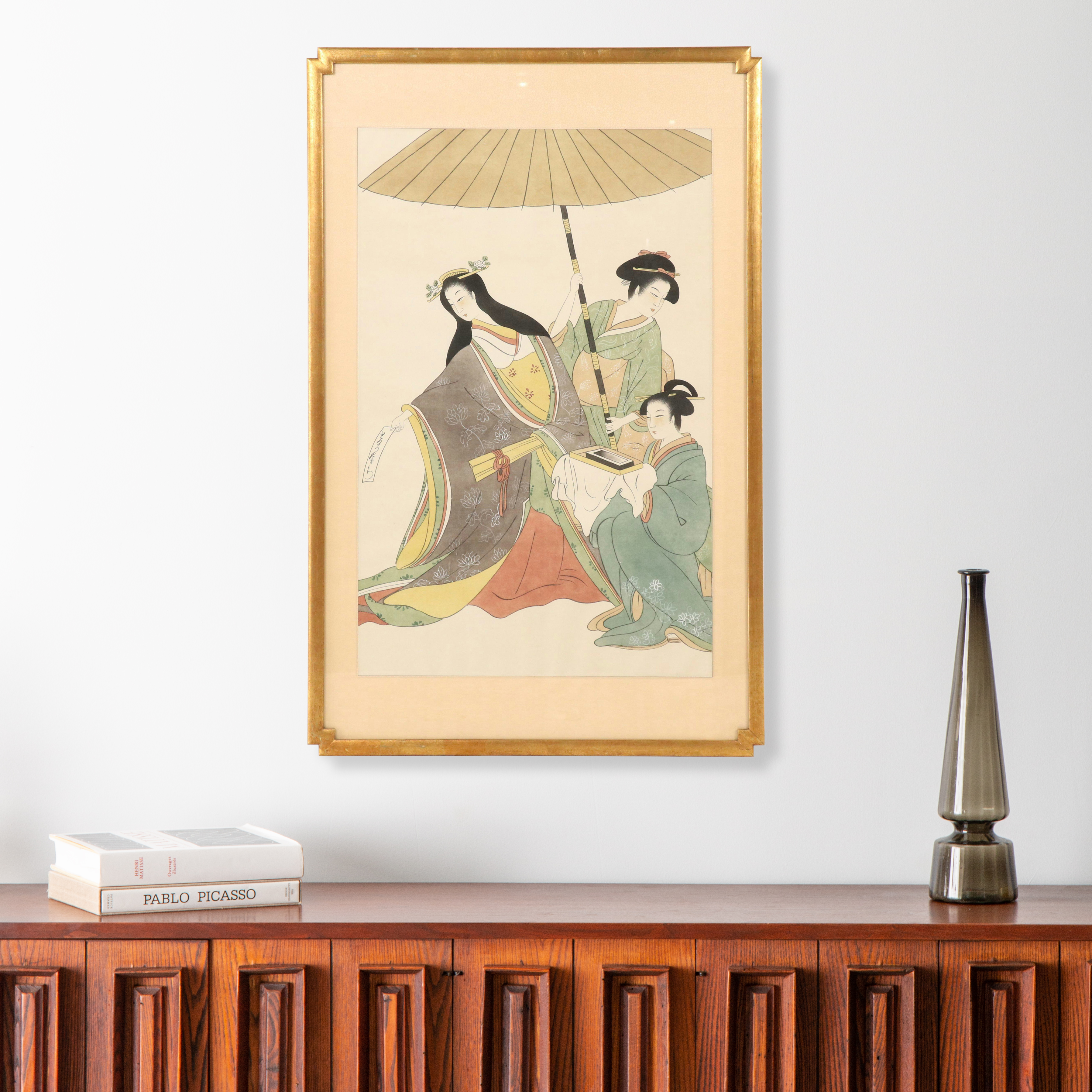 Japanese Watercolor Painting of Three Women with Parasol