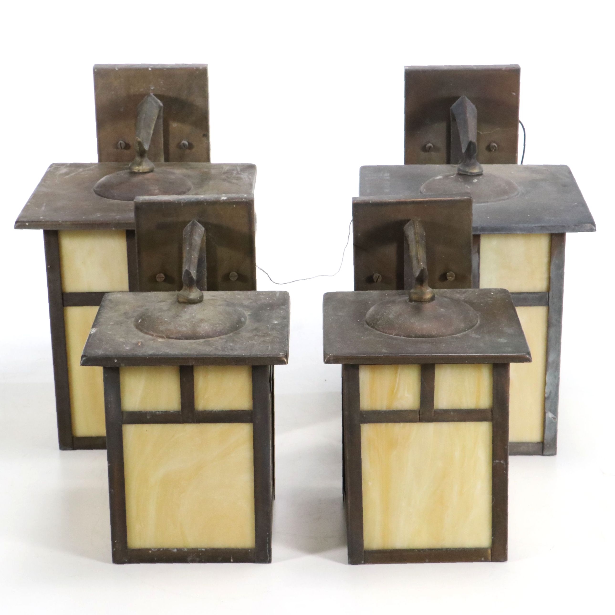 Mission Style Bronzed Metal and Butterscotch Slag Glass Wall Lanterns, 21st C.