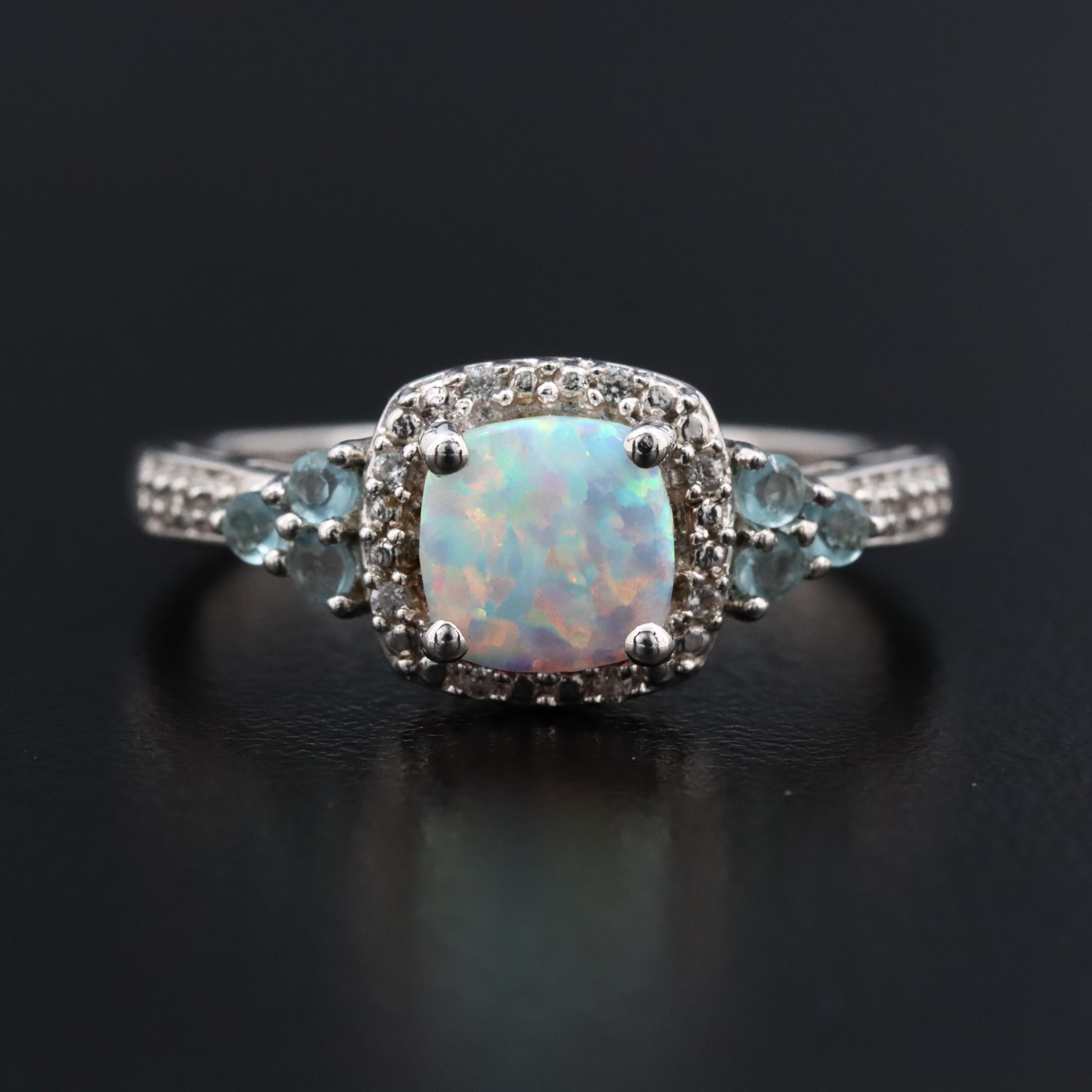 Sterling Opal, Glass and White Sapphire Ring