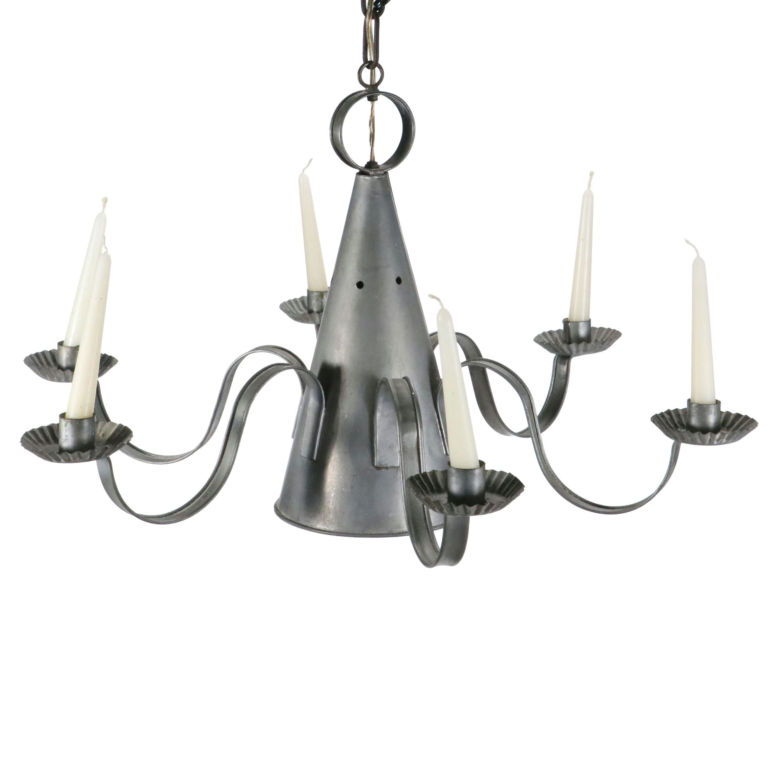 Colonial Revival Style Tin Six-Arm Candlestick Chandelier