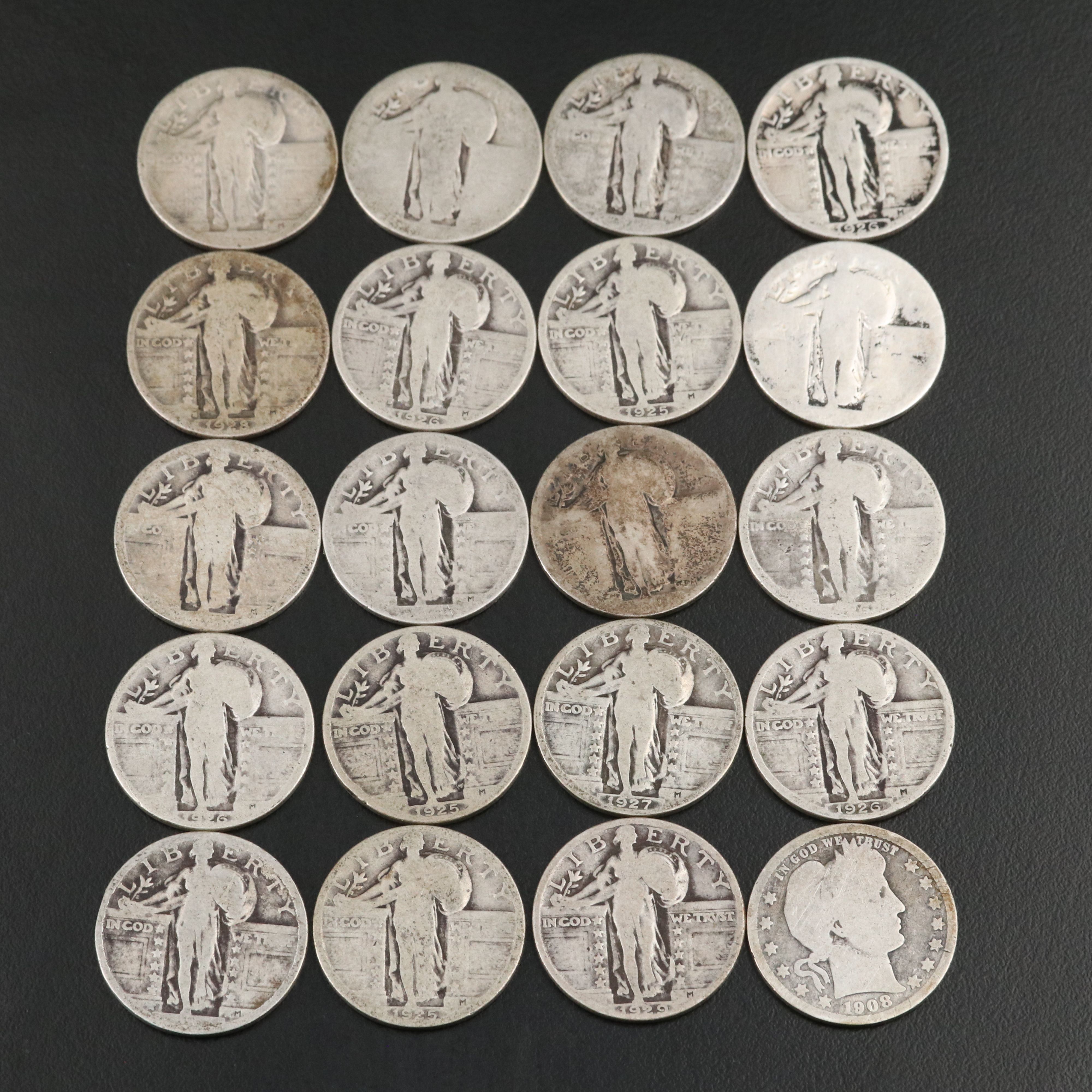 Twenty Standing Liberty Quarters and a 1908-O Barber Quarter