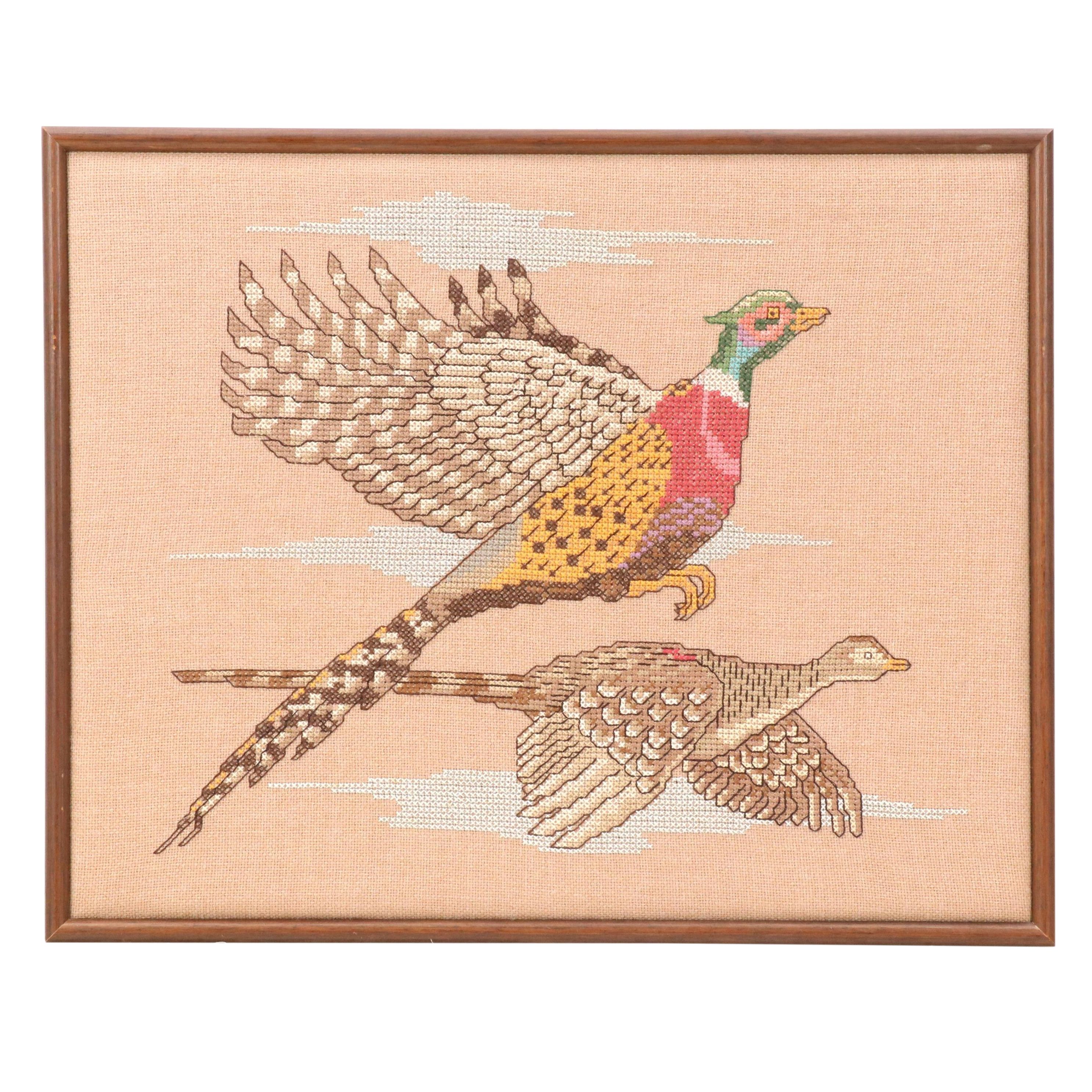 Cross-Stitch Panel of Flying Pheasants, 1983