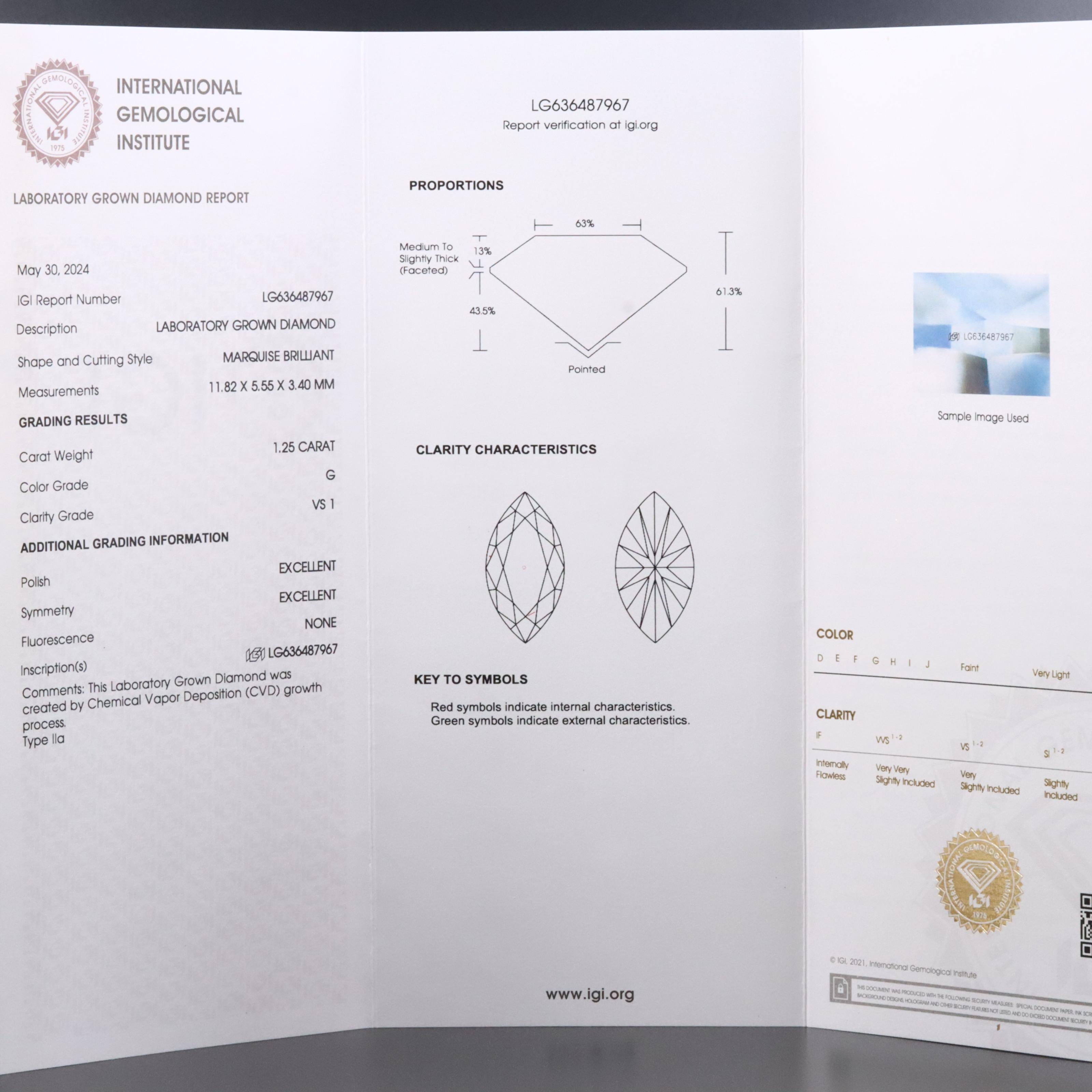 Loose 1.25 CT Lab Grown Diamond with IGI Report