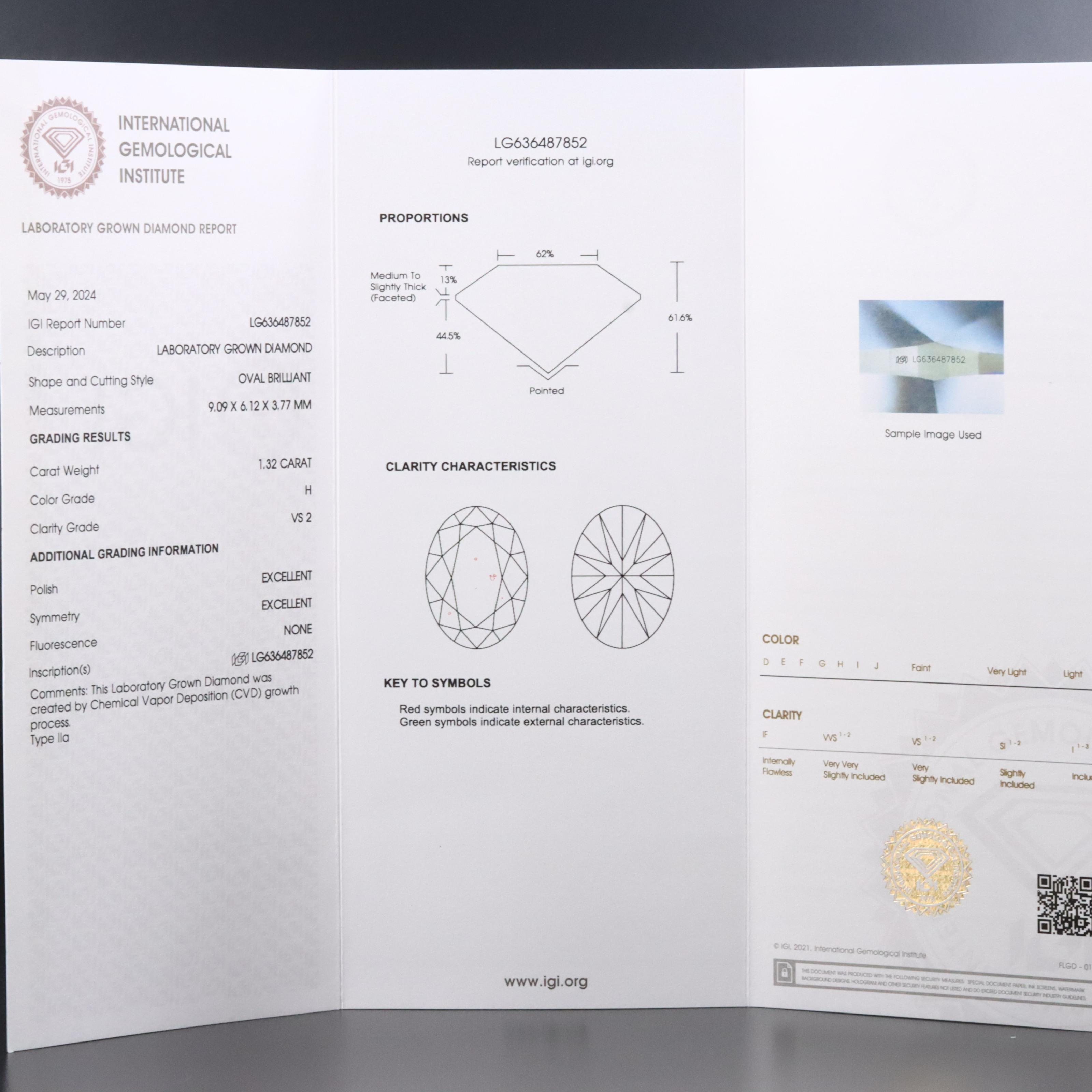 Loose 1.32 CT Lab Grown Diamond with IGI Report